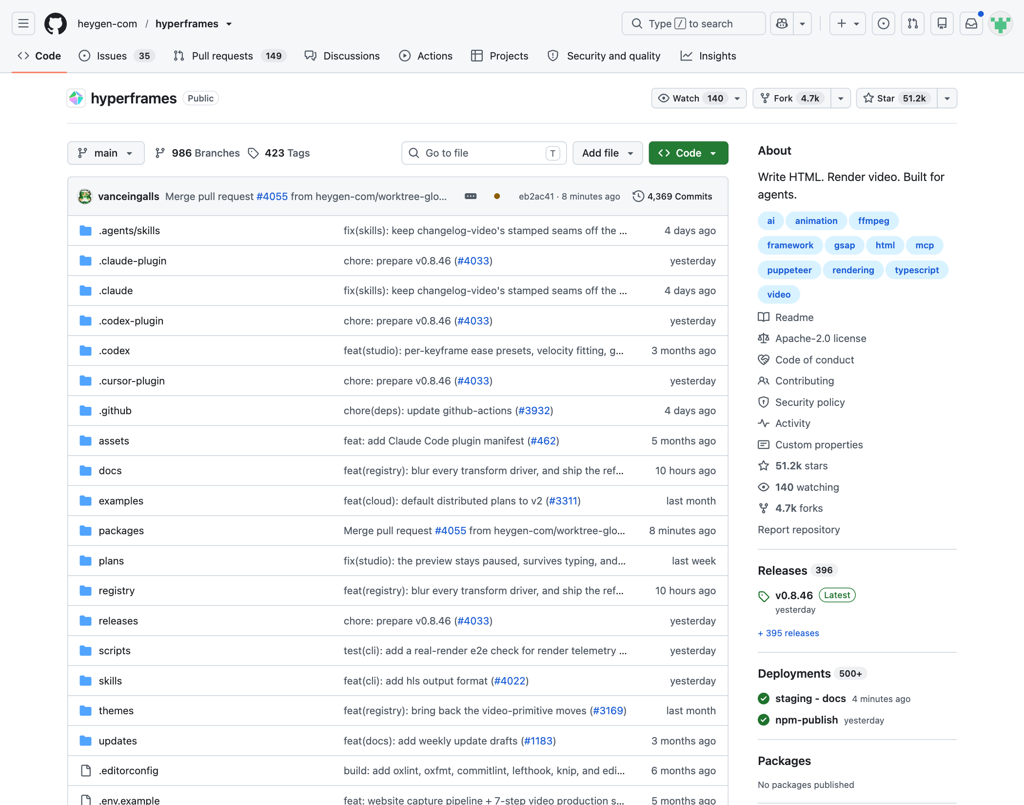 HyperFrames 官方 GitHub 仓库 heygen-com/hyperframes 页面截图