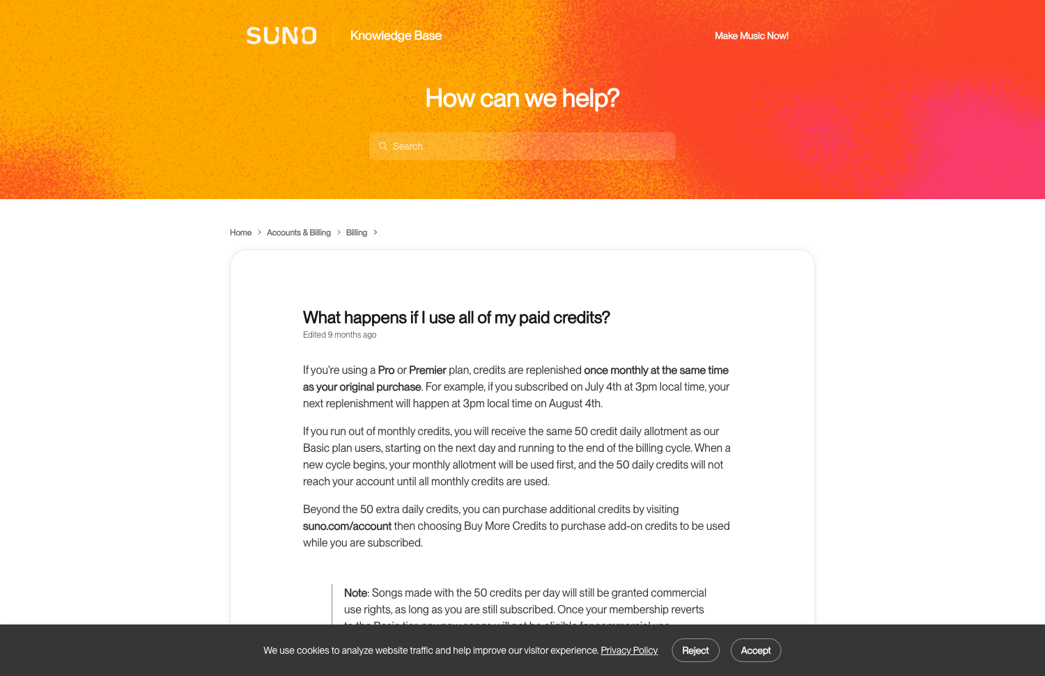 Suno 帮助中心:paid credits 用完之后会发生什么