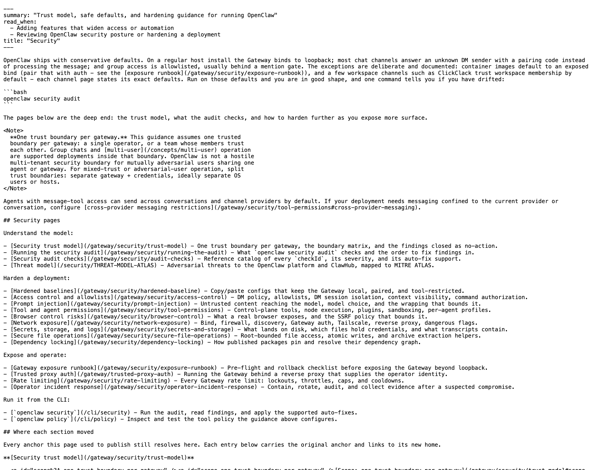 OpenClaw 安全默认值与 openclaw security audit 自查命令说明截图