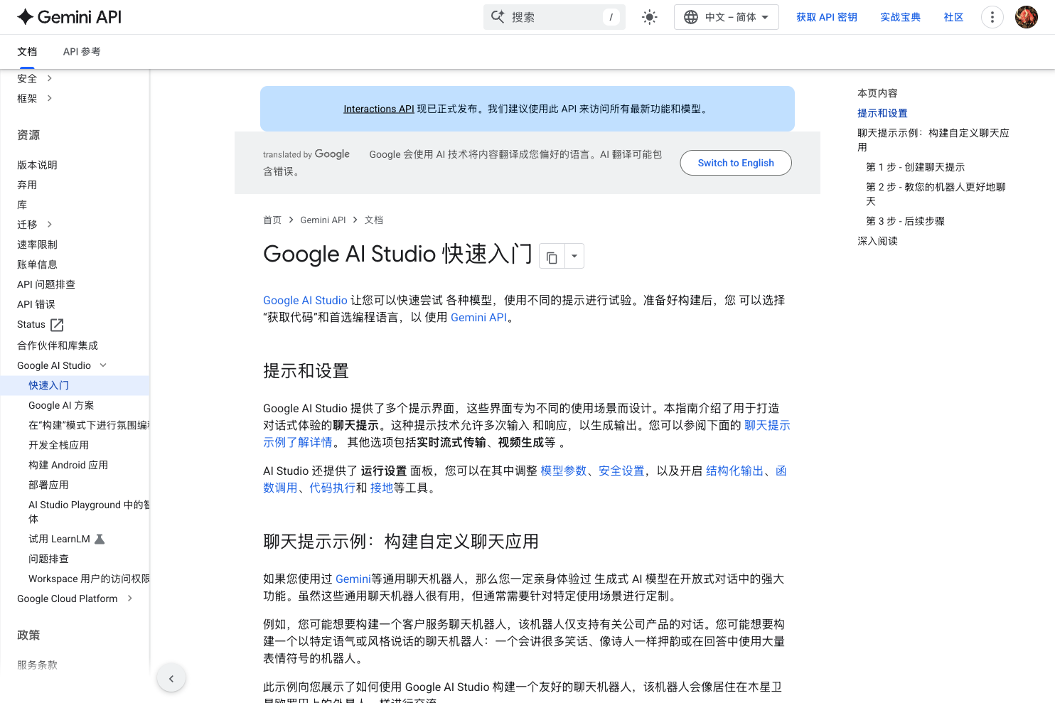 Google AI Studio 官方开发文档与 Playground 控制台快速入门界面截图