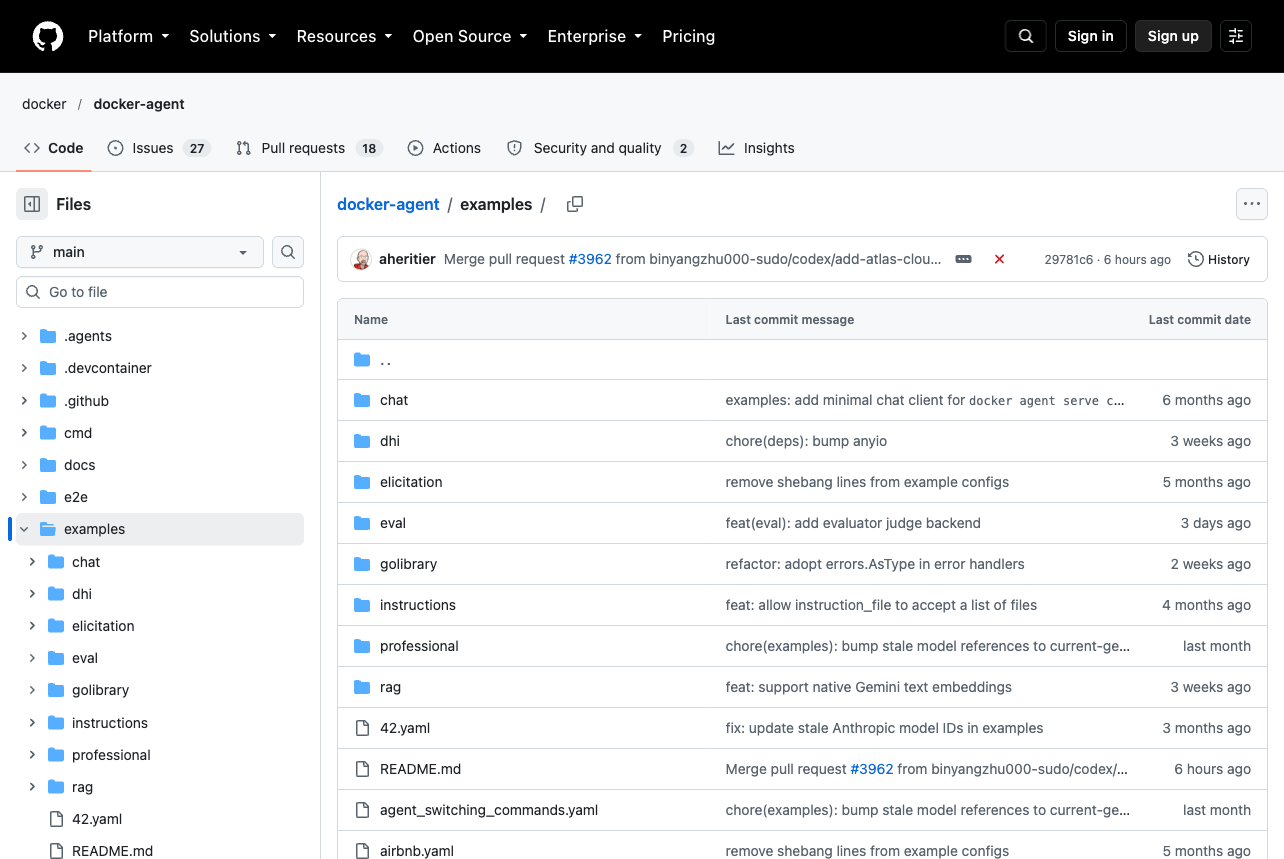 Docker Agent 官方仓库 examples 示例智能体配置目录截图