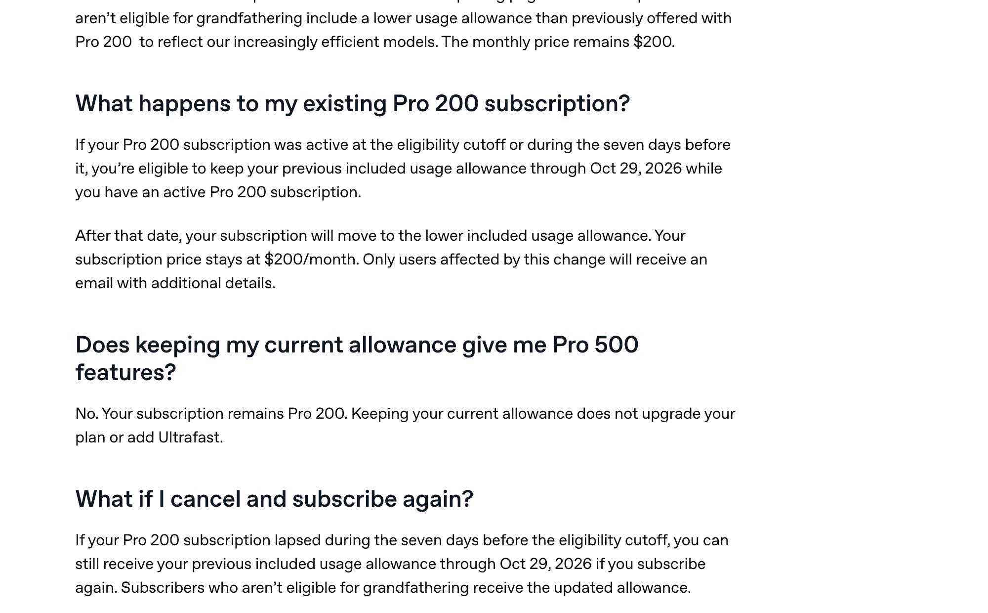 OpenAI 官方 Pro 帮助页说明符合条件的老用户旧额度保留至 2026 年 10 月 29 日，之后转为较低额度
