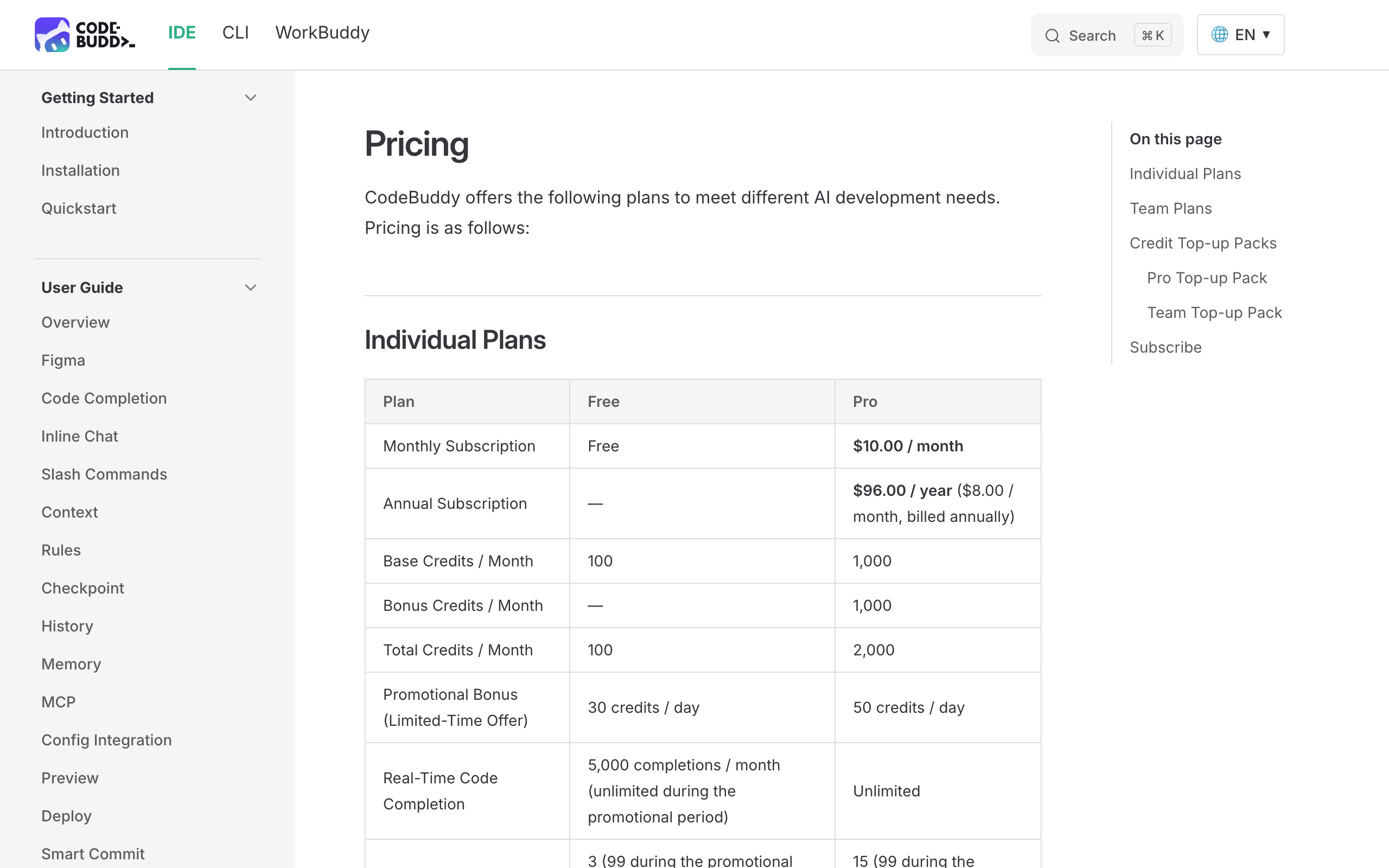 CodeBuddy 订阅方案价格表截图