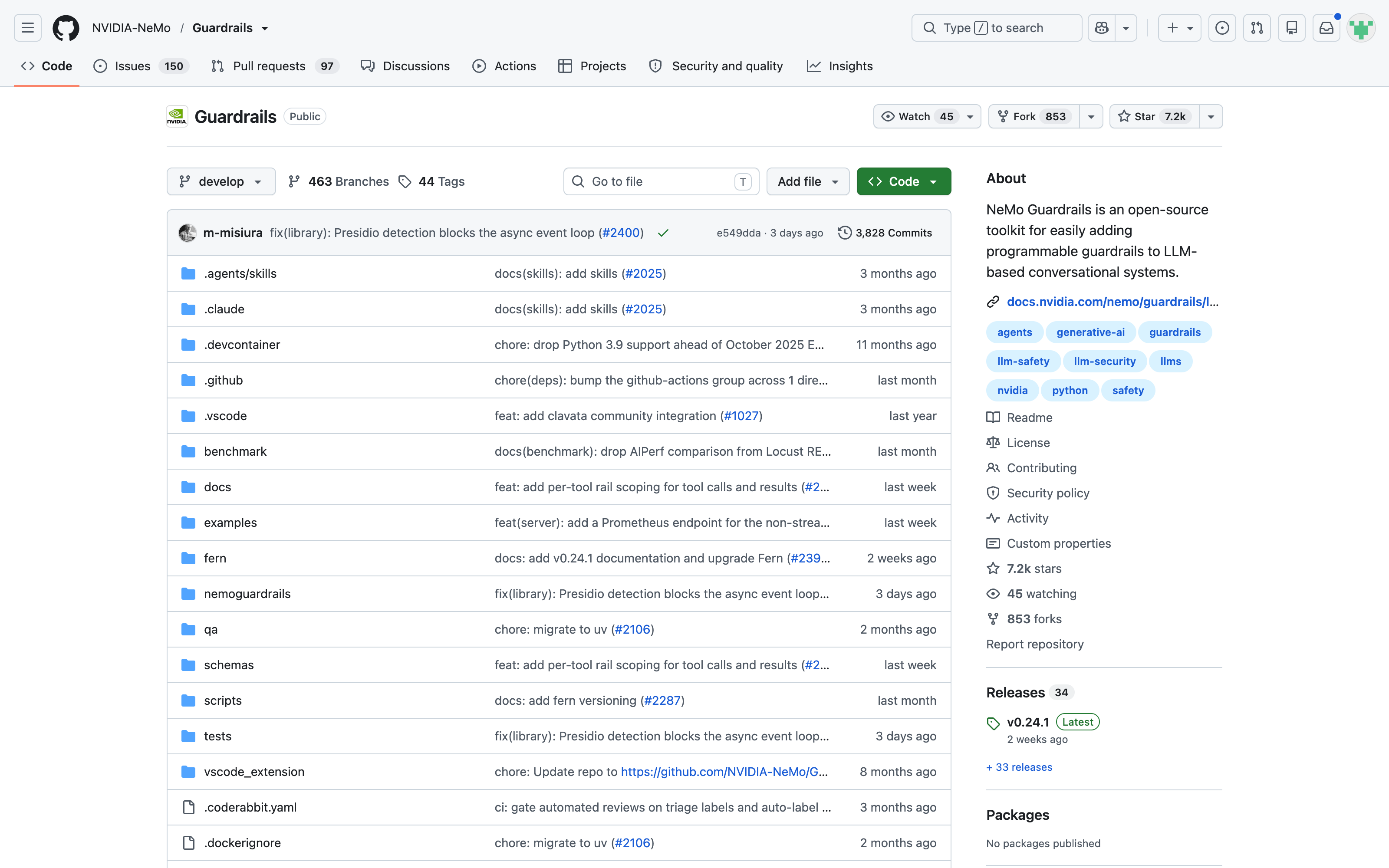 NVIDIA NeMo Guardrails 官方 GitHub 仓库截图,AI 安全护栏开源框架