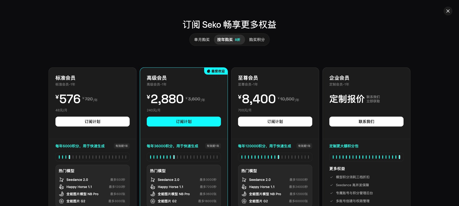 Seko 定价页顶部的新用户注册送免费算力提示