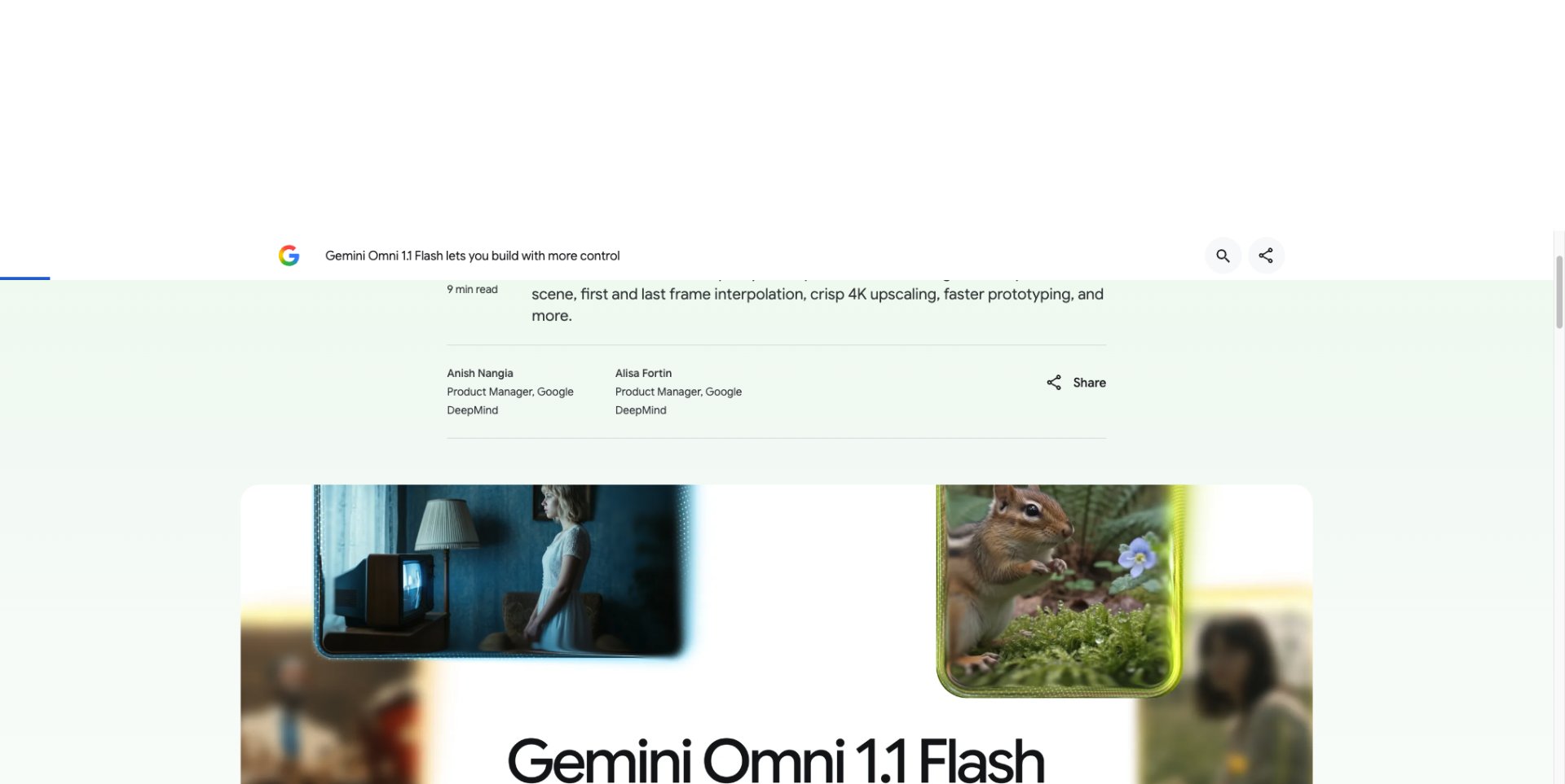 Google 官方博客宣布 Gemini Omni 1.1 Flash 发布