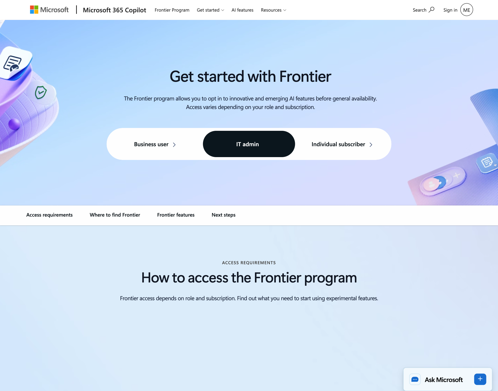 管理员在 Microsoft 365 管理中心开启 Frontier 的入口