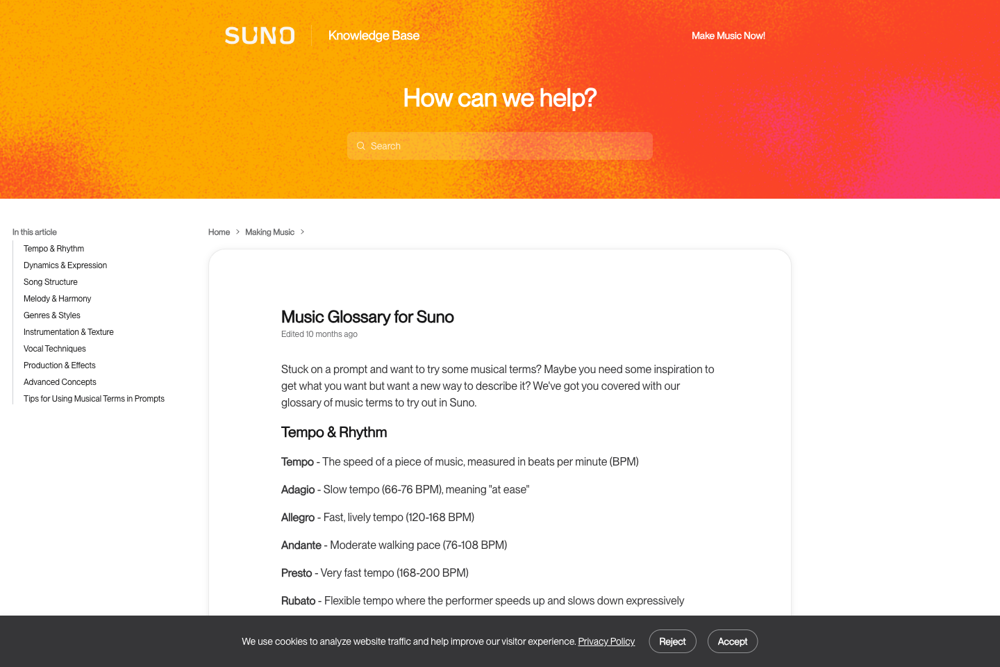 Suno 官方音乐术语表页面