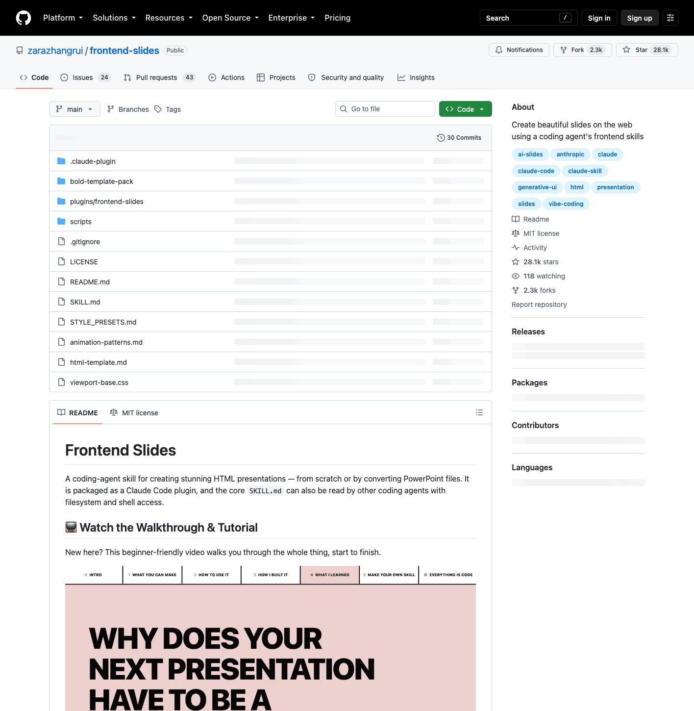 张咋啦的开源项目 frontend-slides:用 AI 生成网页幻灯片,28k Star