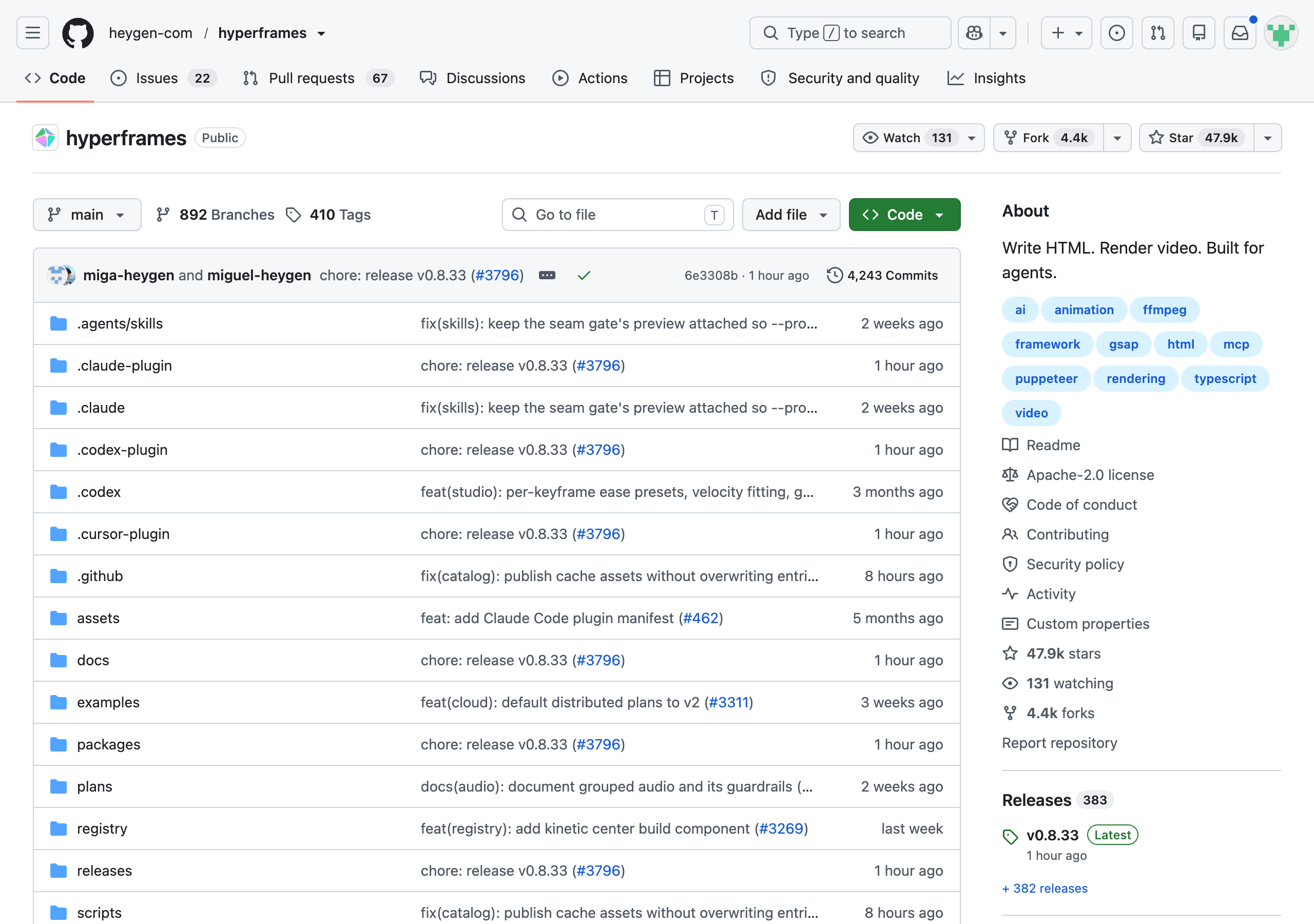 {{HyperFrames GitHub 仓库主页,显示 Star 数与最近提交}}