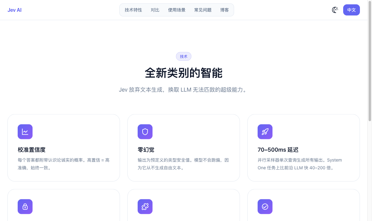 Jev 官网技术特性页截图