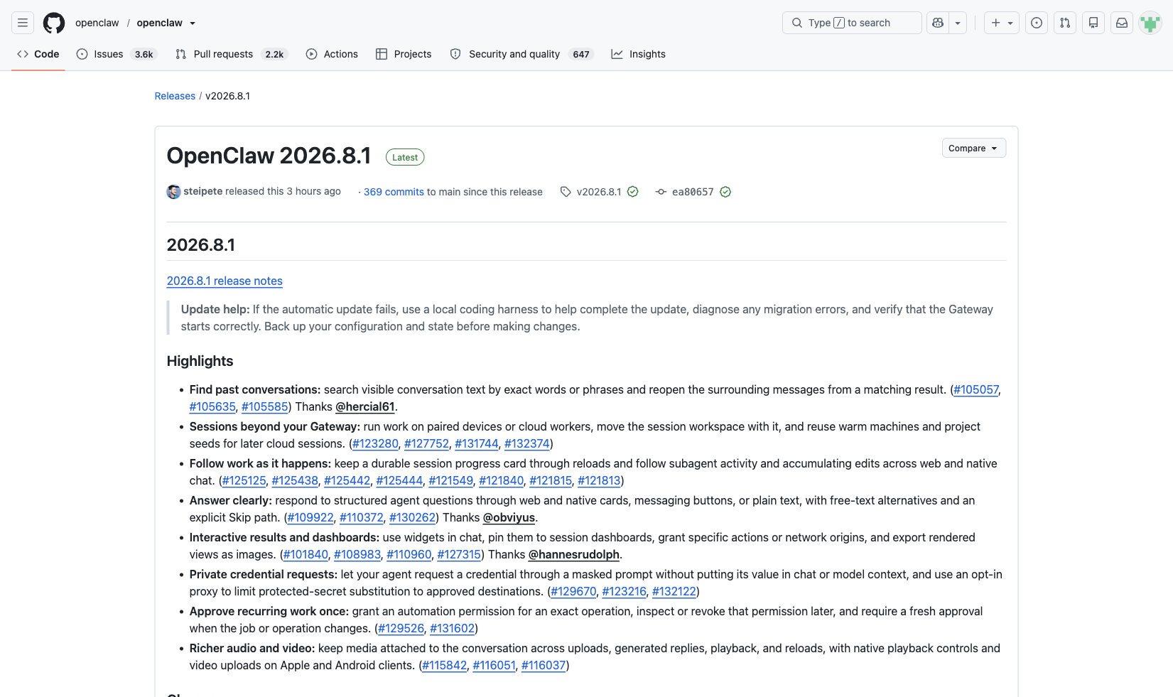 OpenClaw GitHub Releases 页面:v2026.8.1 已标记为 Latest