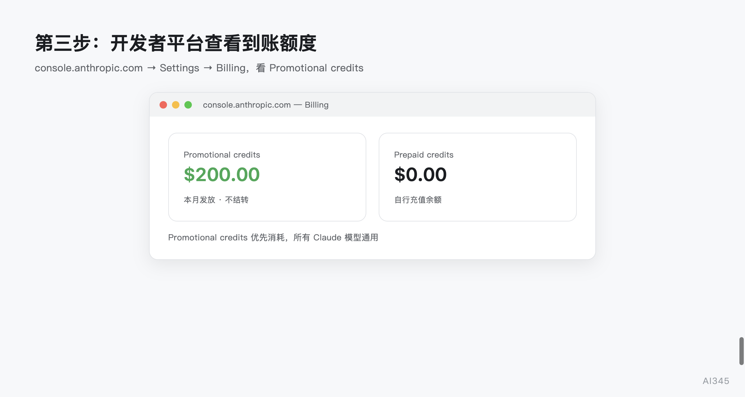 开发者平台账单页的 Promotional credits 优惠额度