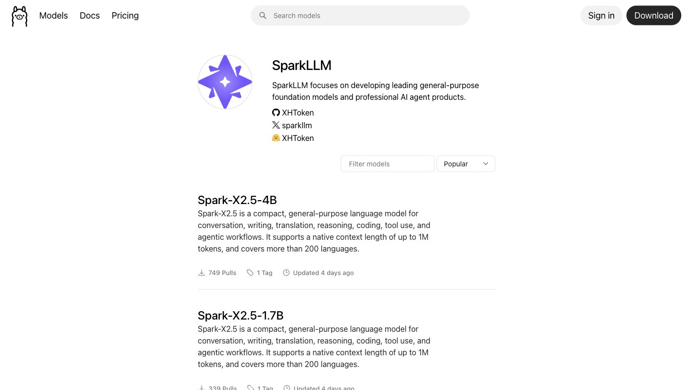 Ollama官方SparkLLM模型页:一条命令即可运行