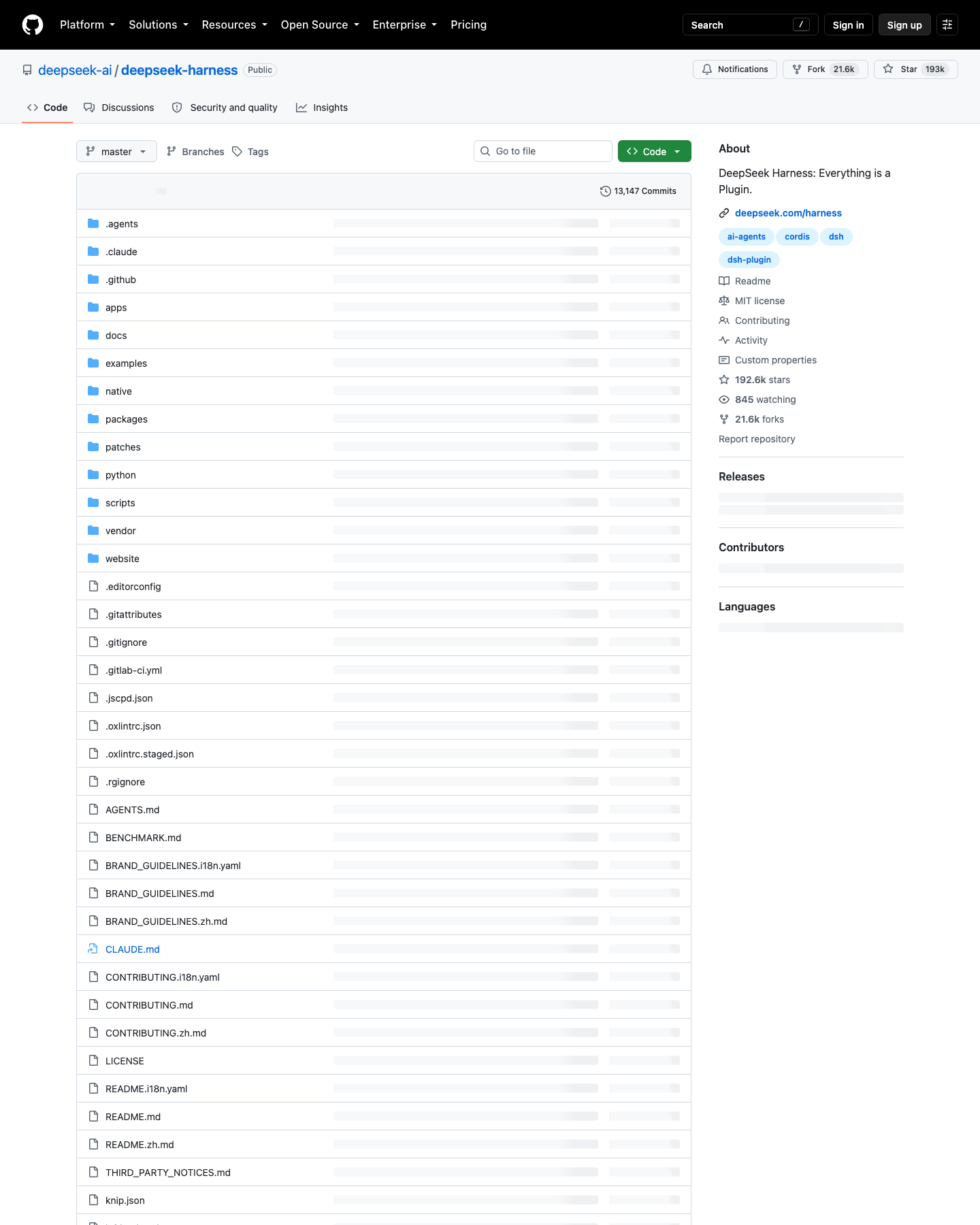 DeepSeek Harness GitHub 仓库主页：19 万 Star 的开源 Agent 框架
