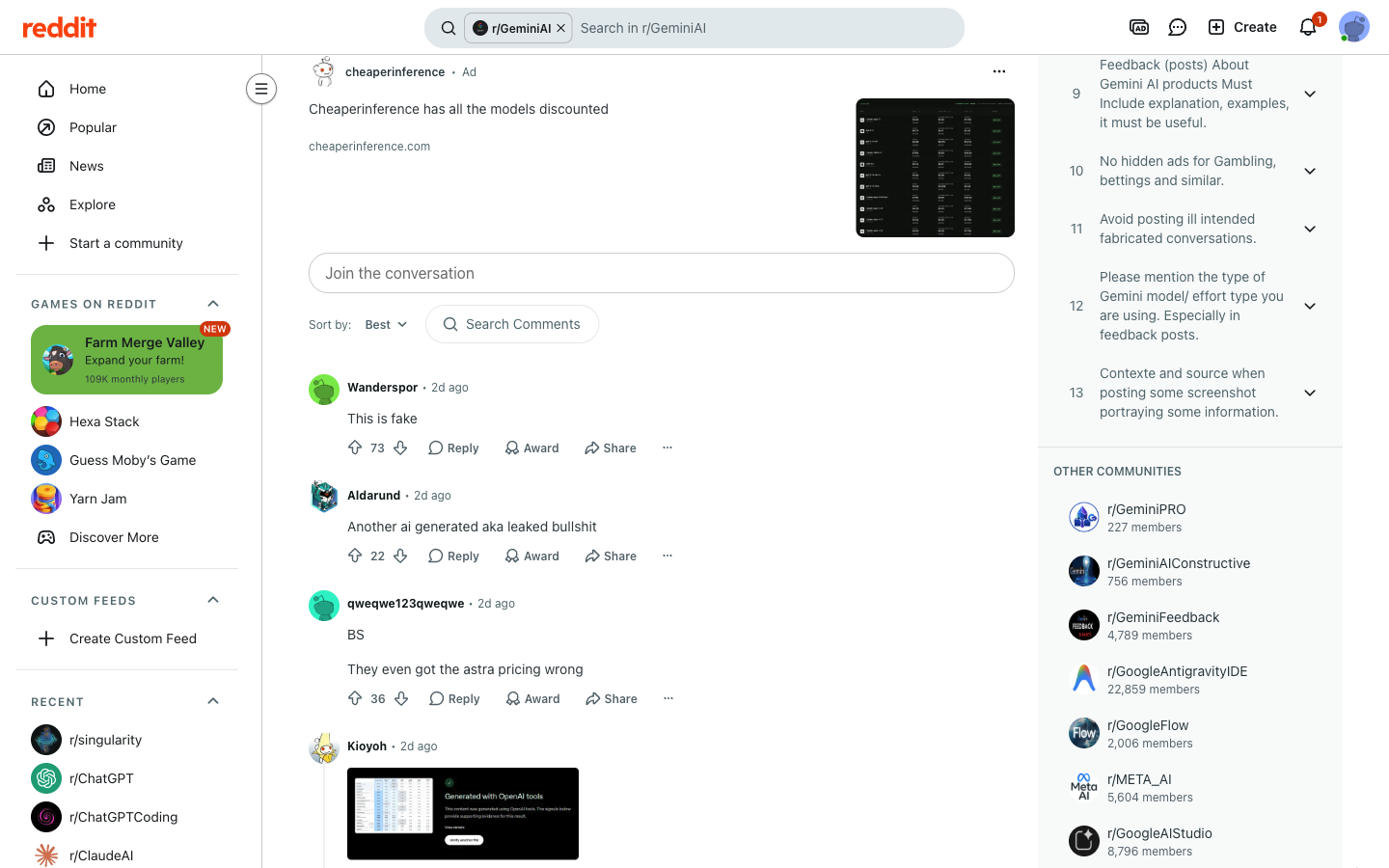 Reddit r/GeminiAI 讨论中被顶到最前的多条评论,指该跑分图为伪造