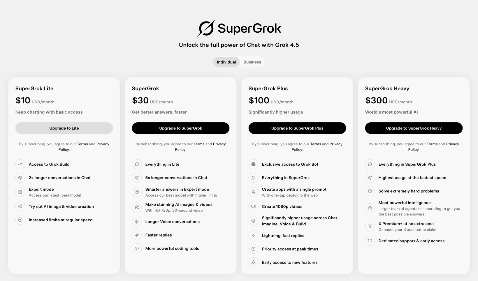 Grok 官方订阅页四档价格截图(2026 年 8 月)