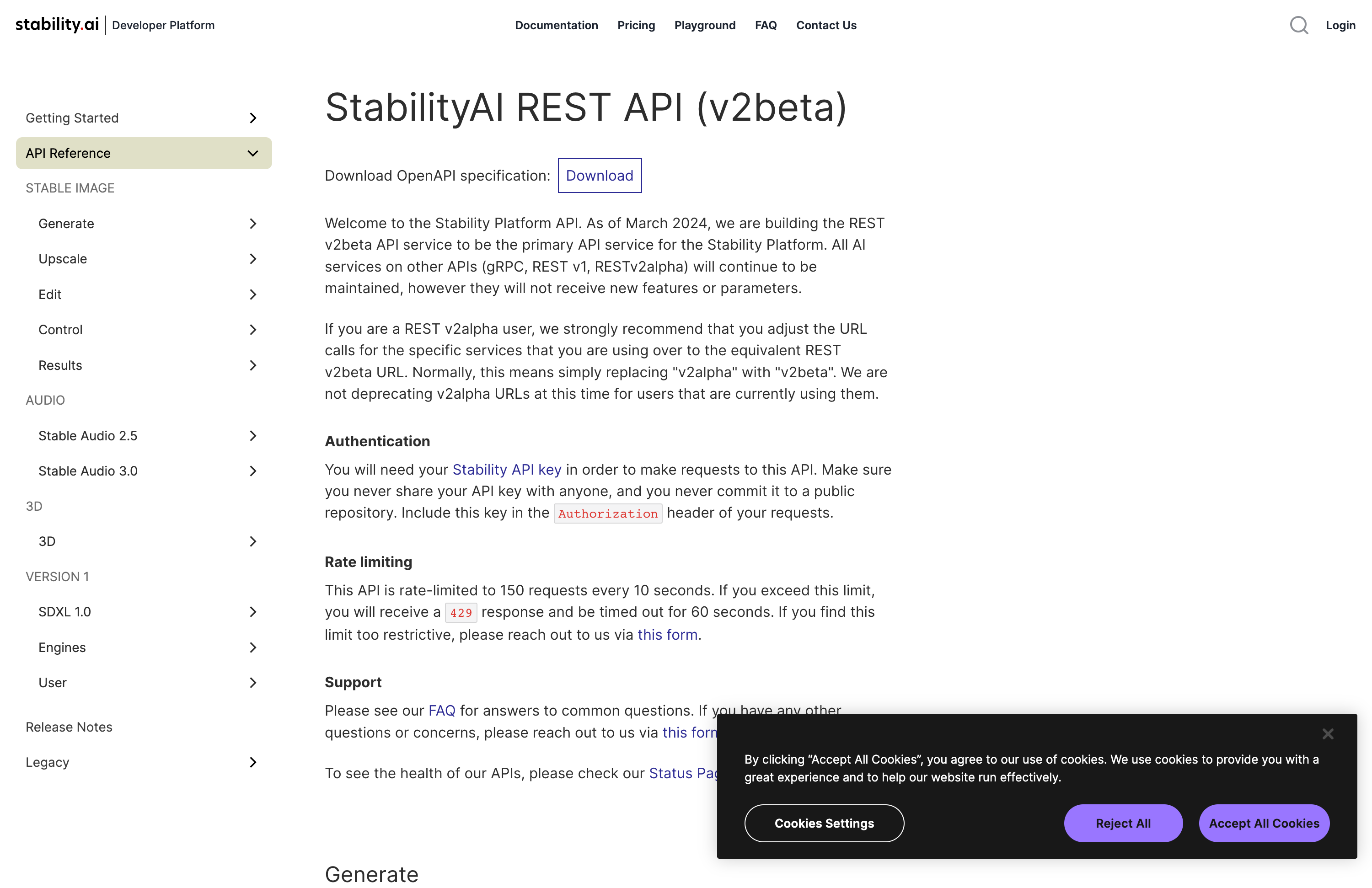 Stability AI 官方 API 文档中的 Rate limiting 限流说明截图