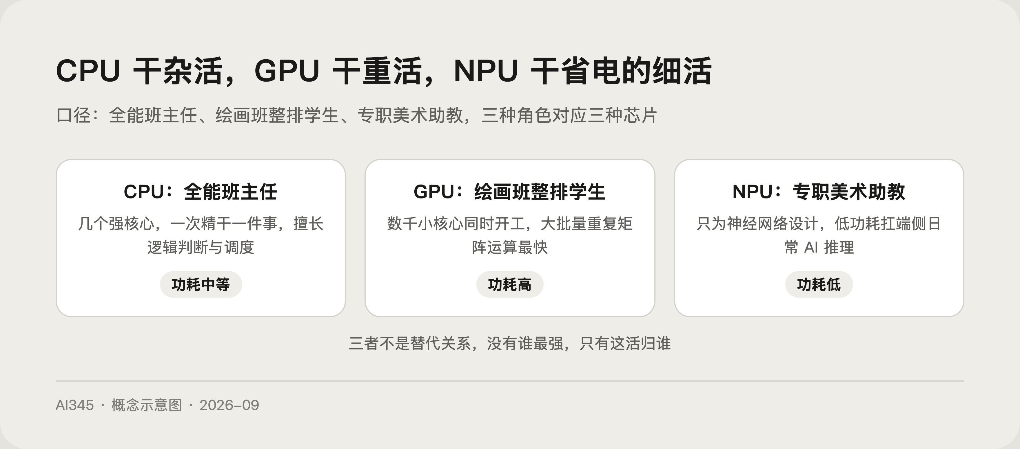 CPU GPU NPU 的区别对比表:跑 AI 谁的活归谁干封面图