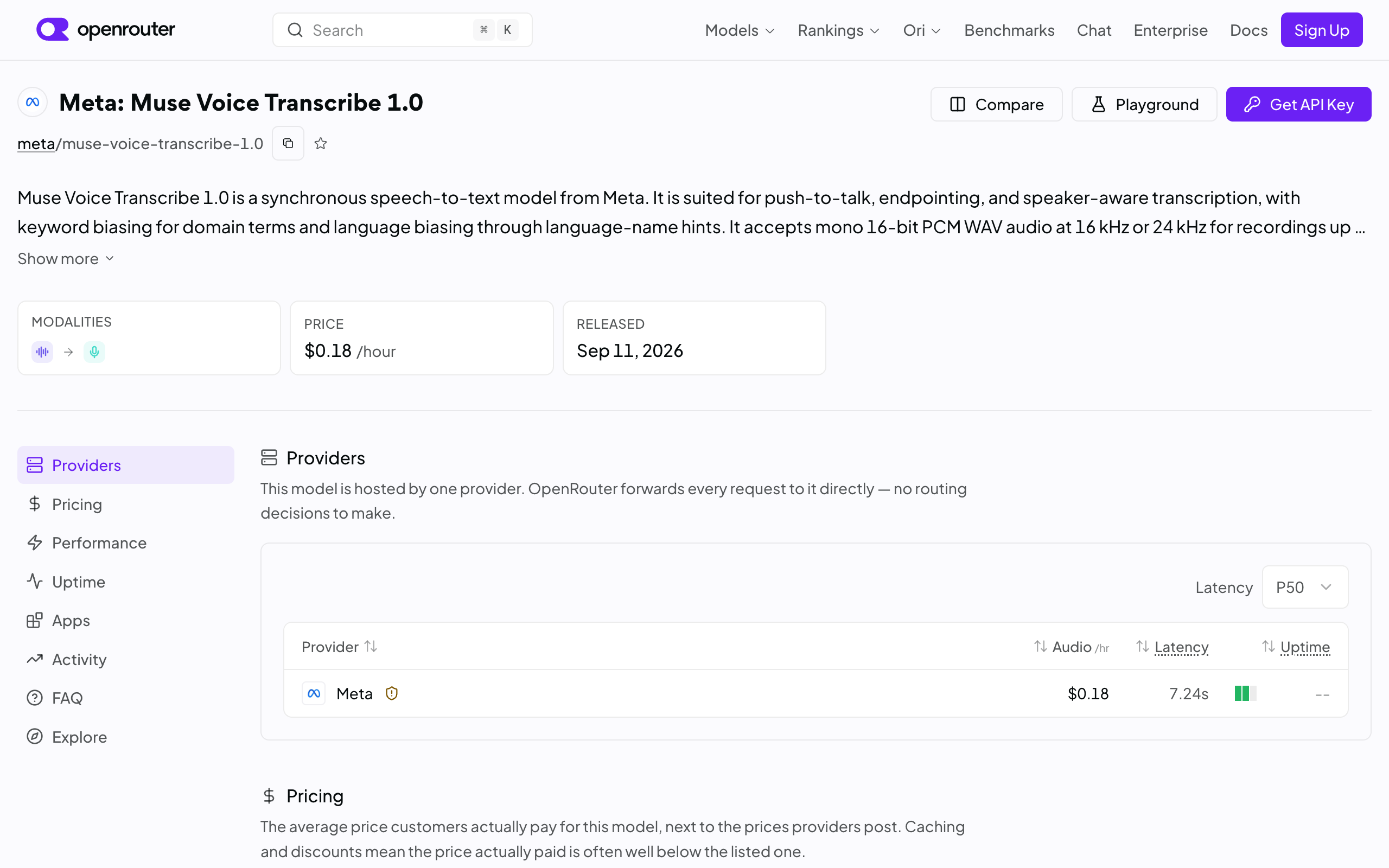 Muse Voice Transcribe API 价格怎么算？每小时 0.18 美元封面图