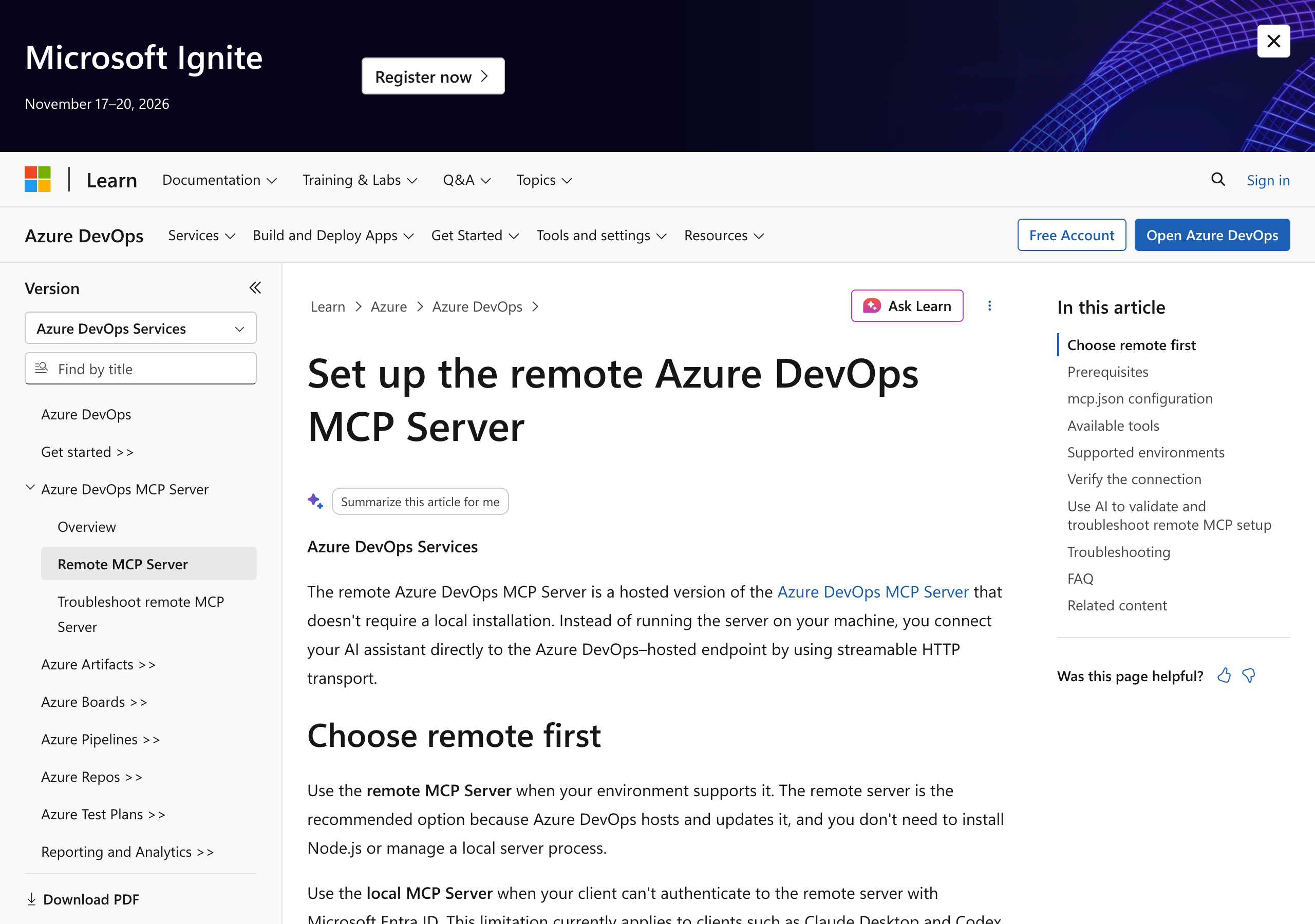 {{VS Code 的 MCP 服务器列表中启动 ado-remote-mcp 并完成微软账号登录}}