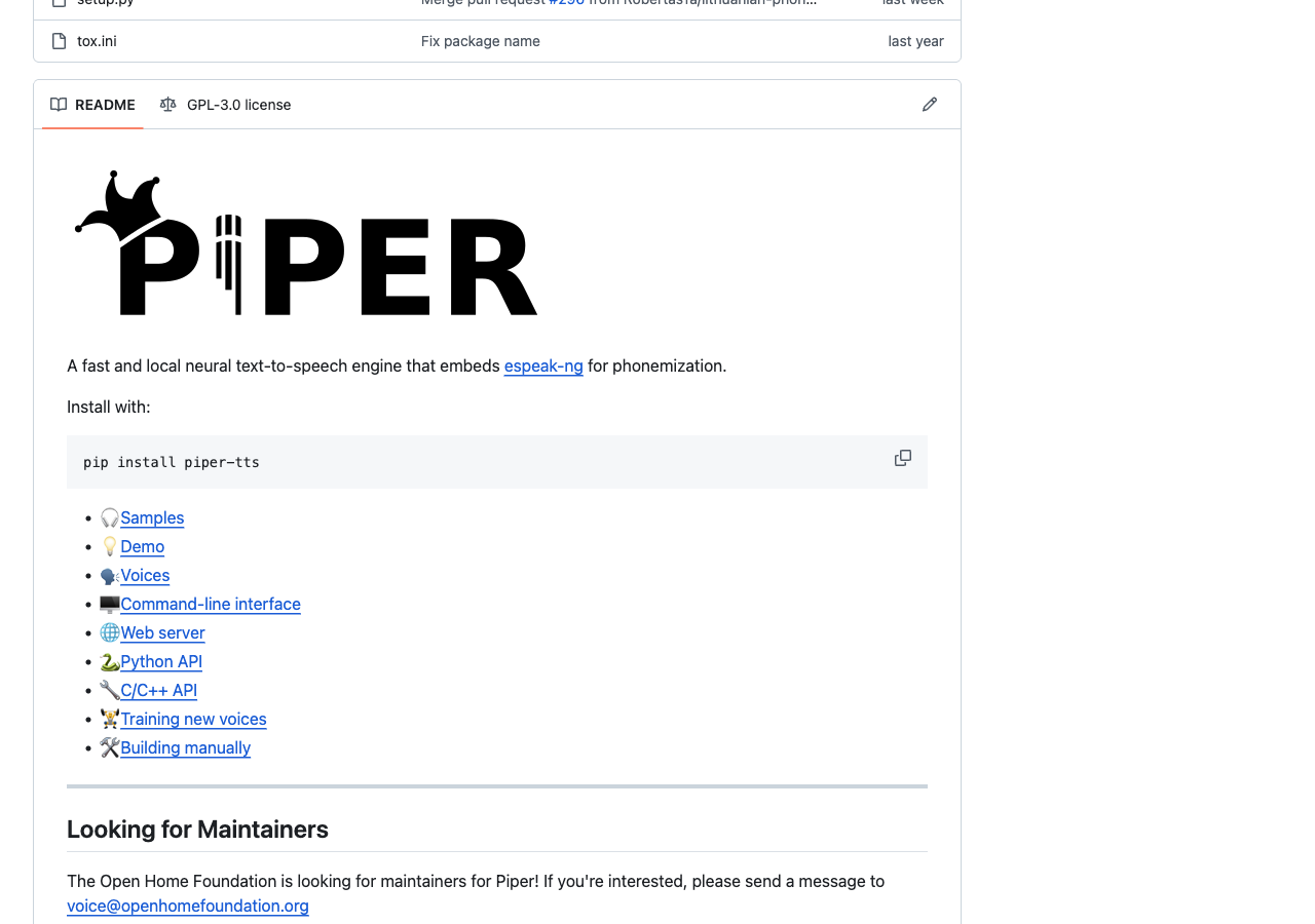Piper TTS 官方 README:pip install piper-tts 安装方式与命令行入口