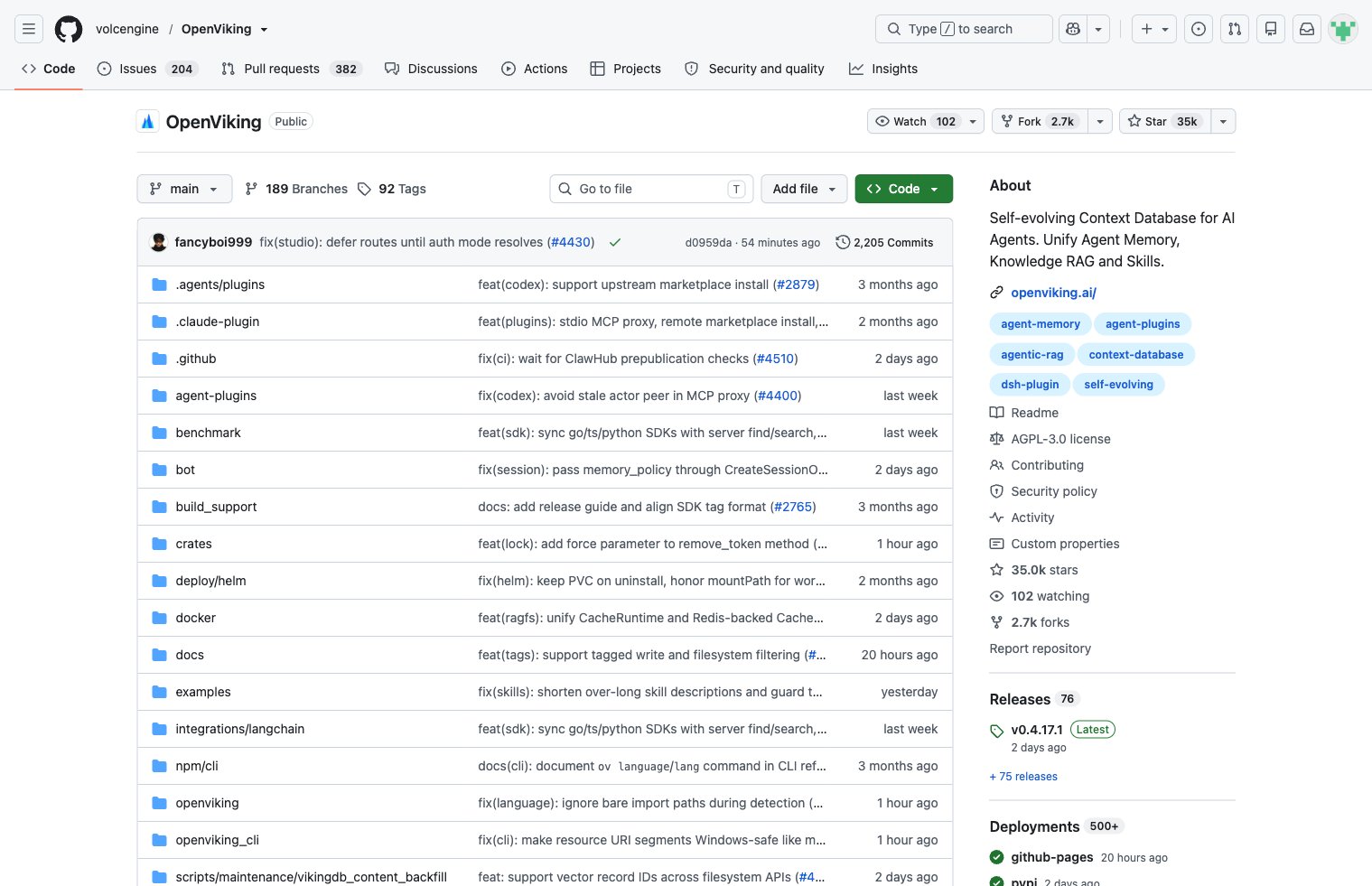 OpenViking GitHub 仓库截图