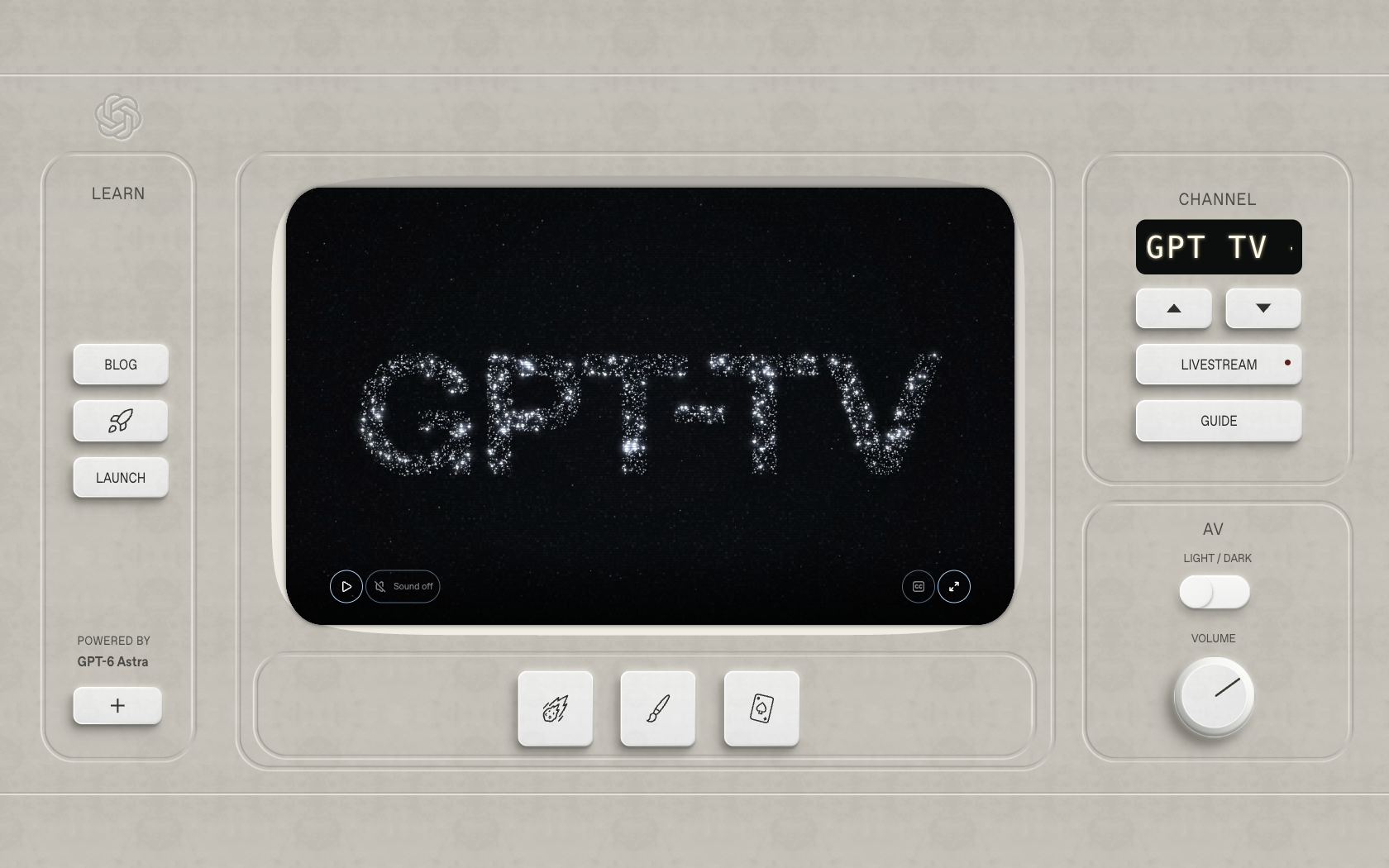 GPT TV 官网首屏截图:OpenAI 复古电视界面,右侧有换台、直播和节目单按钮