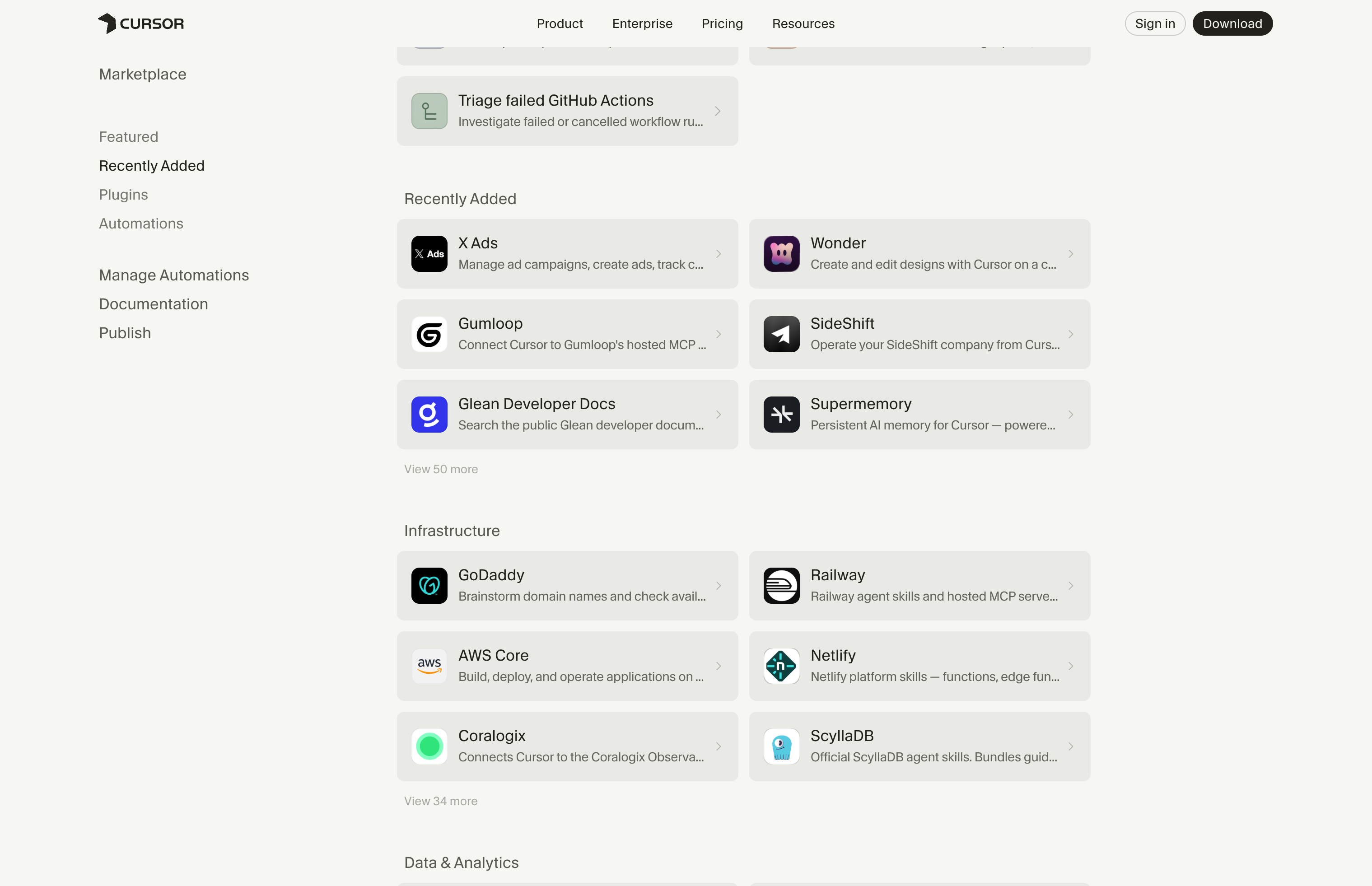Cursor Marketplace 的插件列表:Figma、Linear、Stripe、AWS 等官方合作伙伴