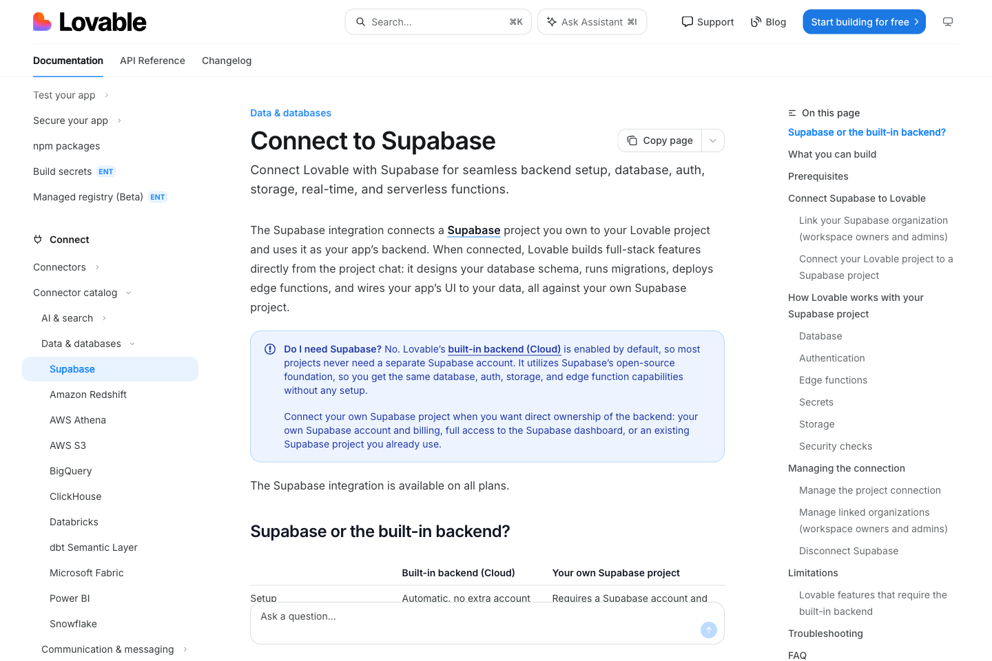 Lovable Connectors 页面的 Supabase 连接入口