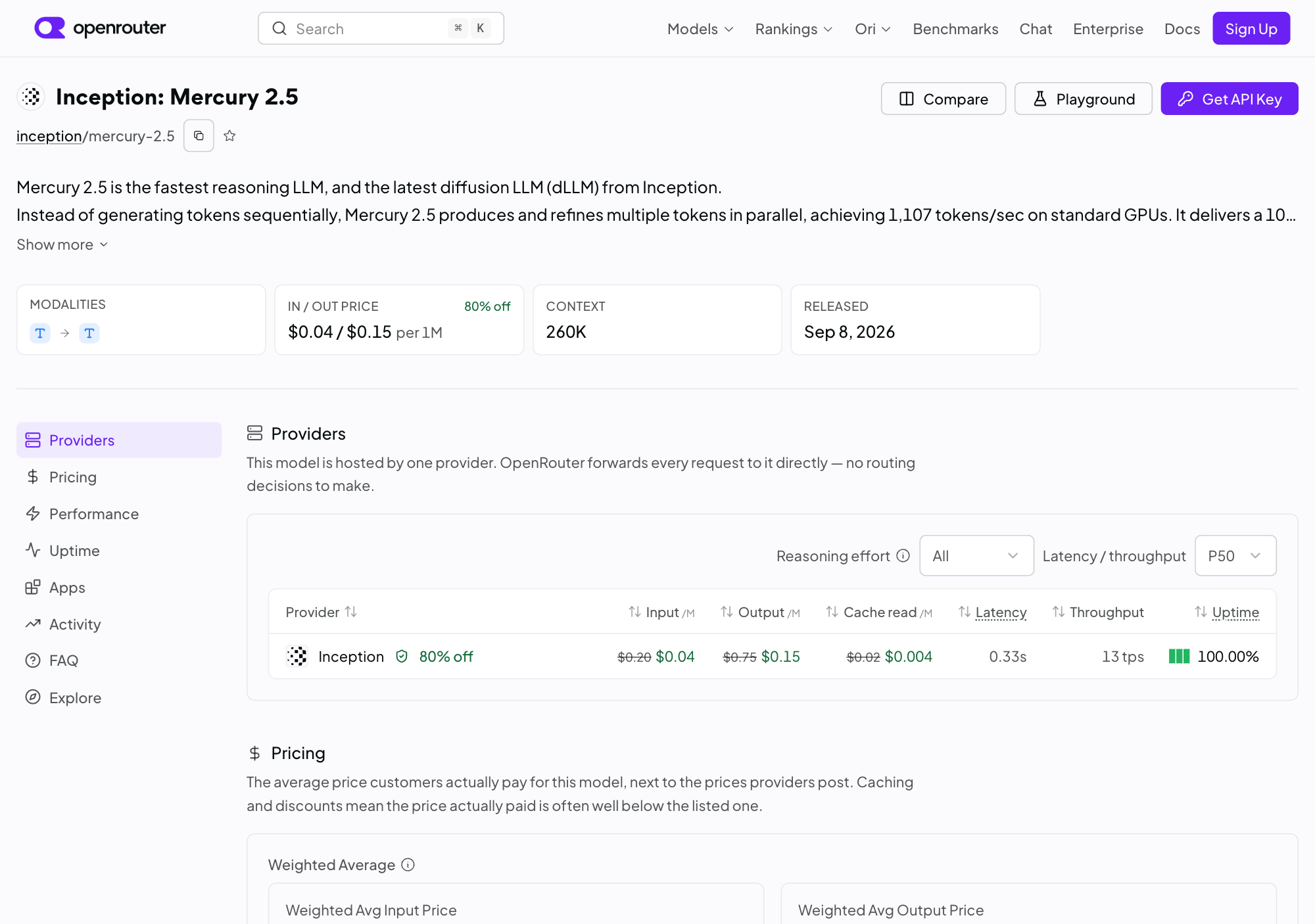 OpenRouter 上 Mercury 2.5 模型页价格与性能统计截图