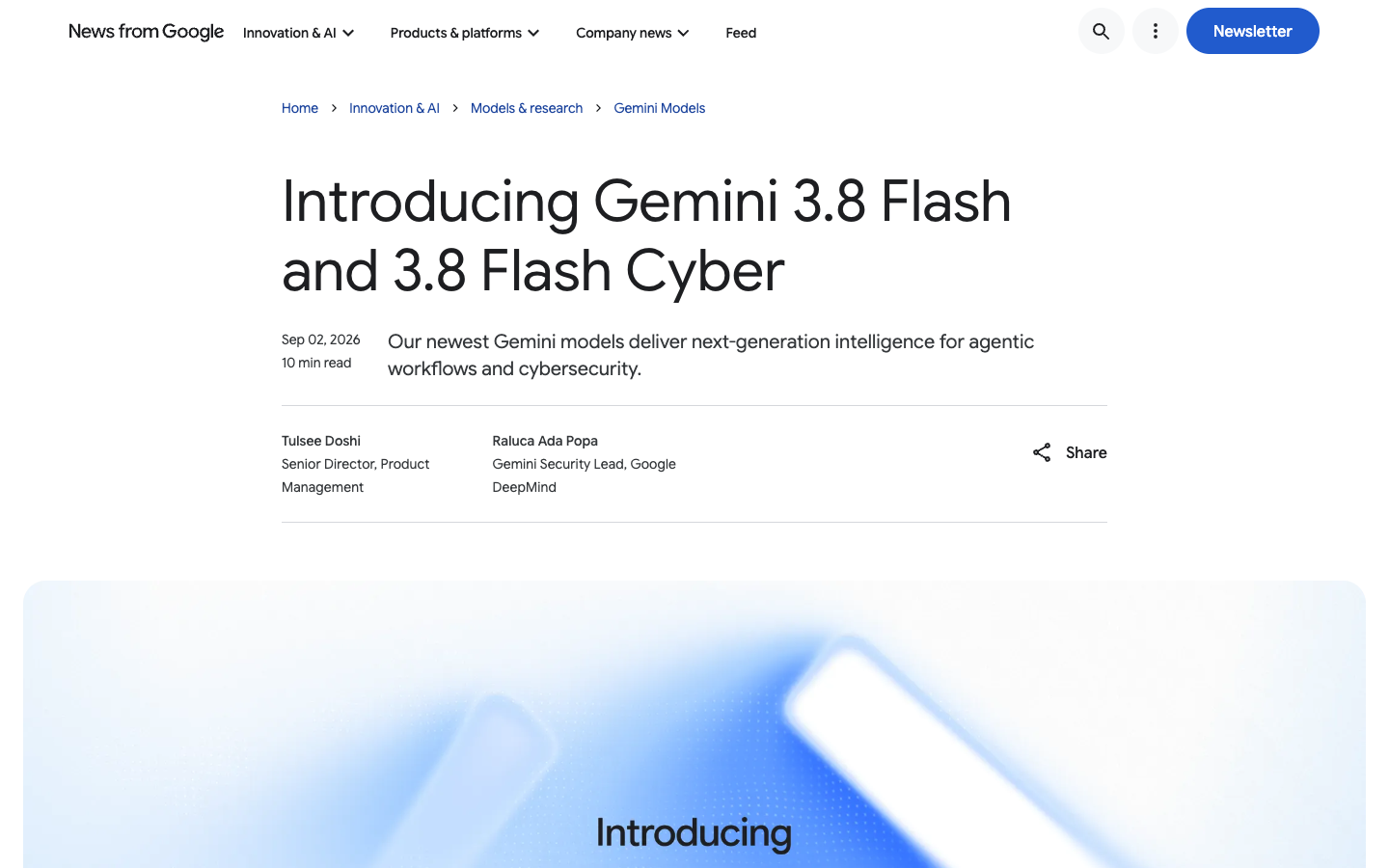 Google 官方博客 2026 年 9 月 2 日发布 Gemini 3.8 Flash 与 3.8 Flash Cyber 的页面截图