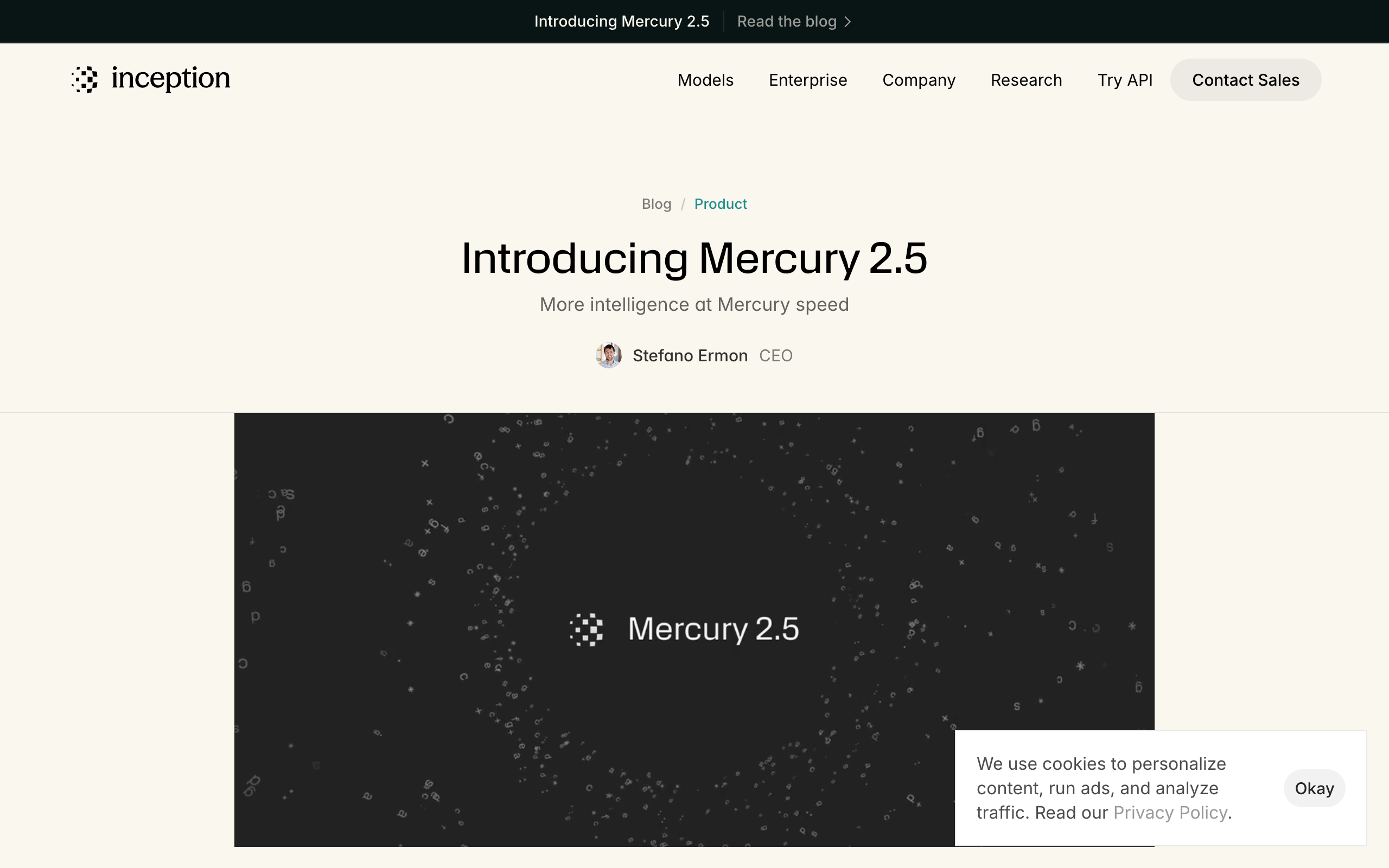 Mercury 2.5 官方发布公告页面,含速度、上下文与定价参数