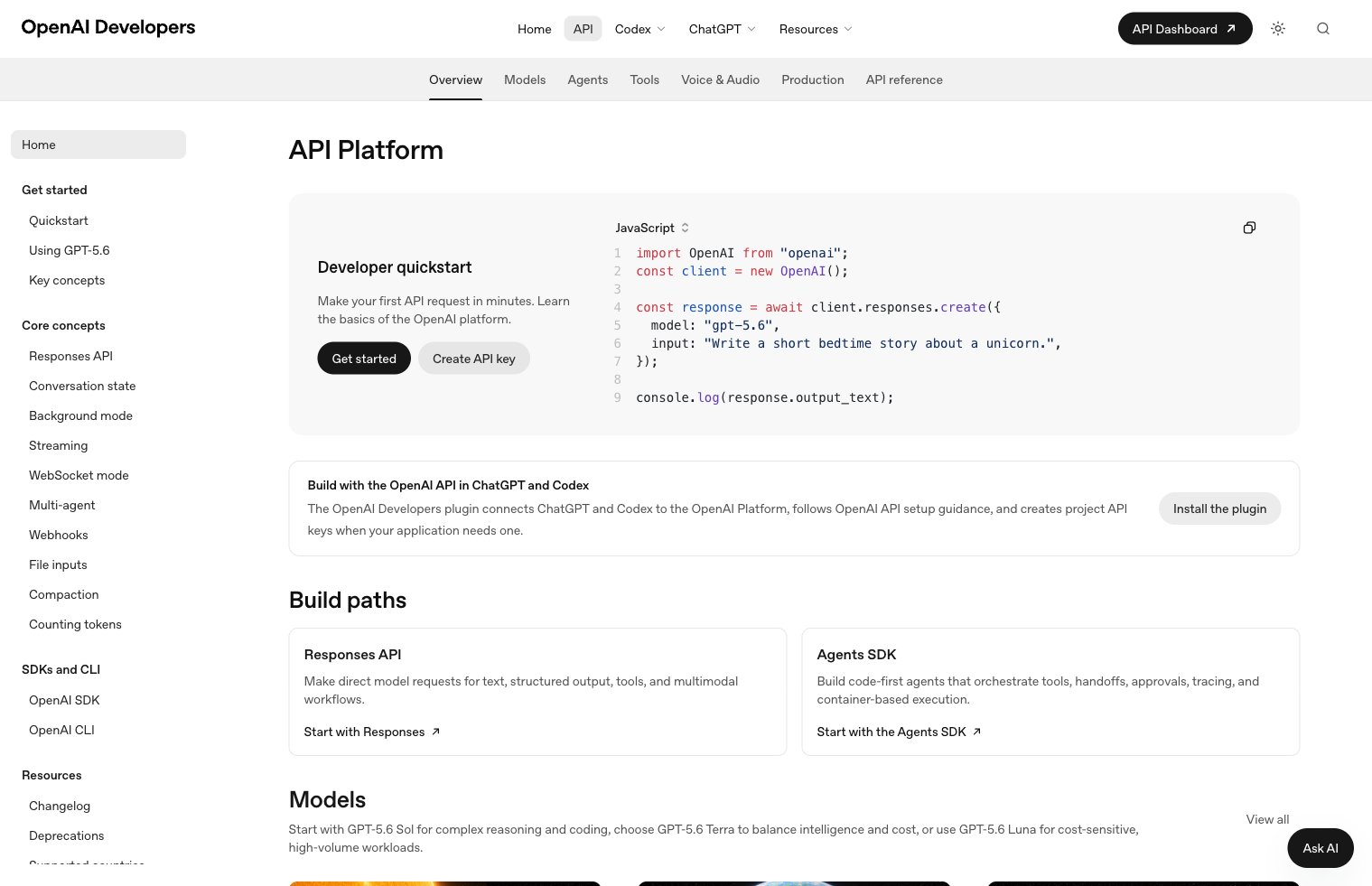 OpenAI 开发者平台文档截图