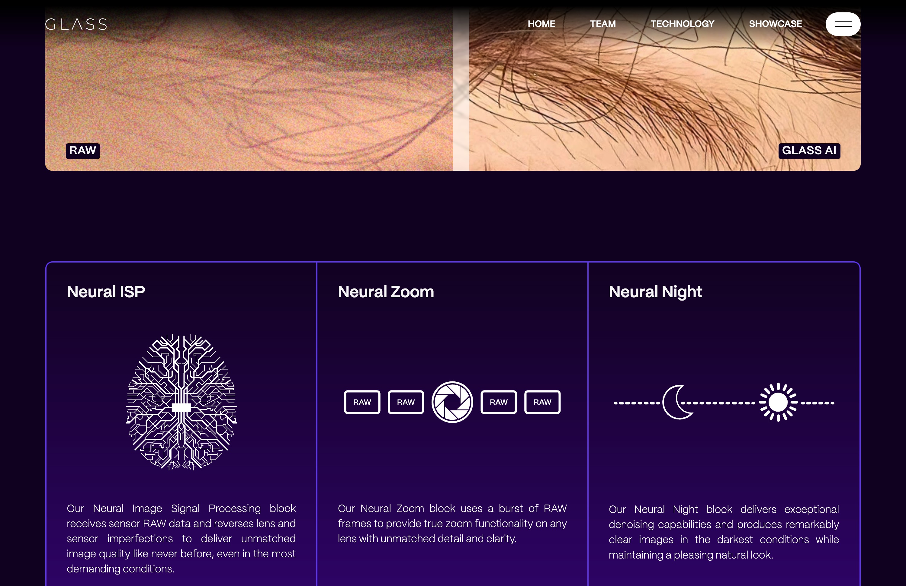 Glass Imaging 官网 technology 页面截图,展示 Neural ISP、Neural Zoom、Neural Night 三大模块