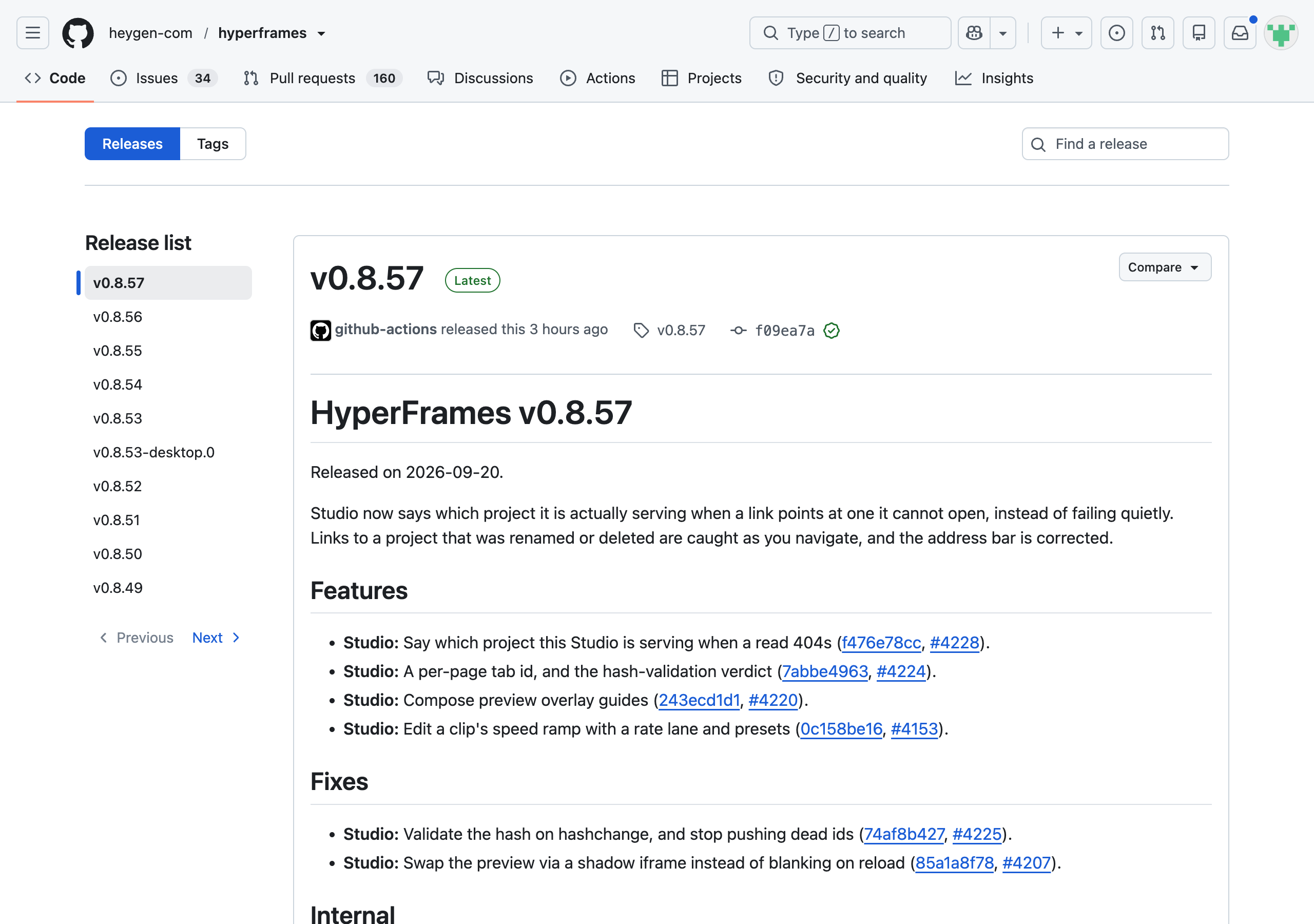 HyperFrames GitHub Releases 页面截图，版本列表高频迭代