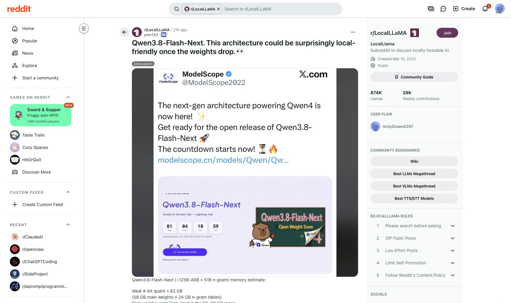 Reddit r/LocalLLaMA 关于 Qwen3.8-Flash-Next 显存估算的讨论截图