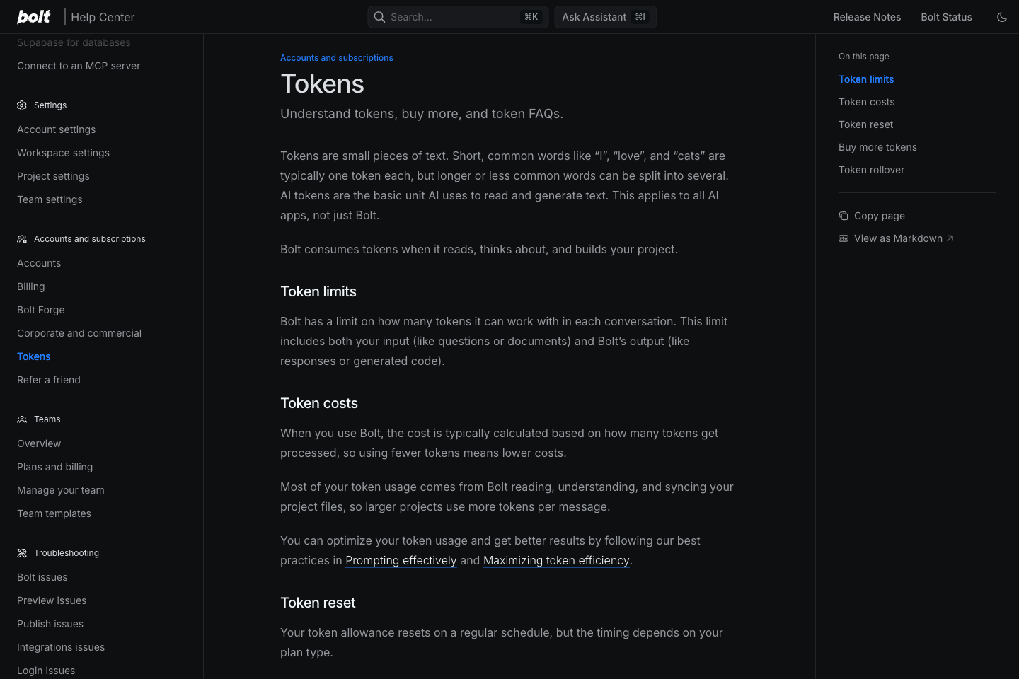 Bolt.new 帮助中心 token 文档页面