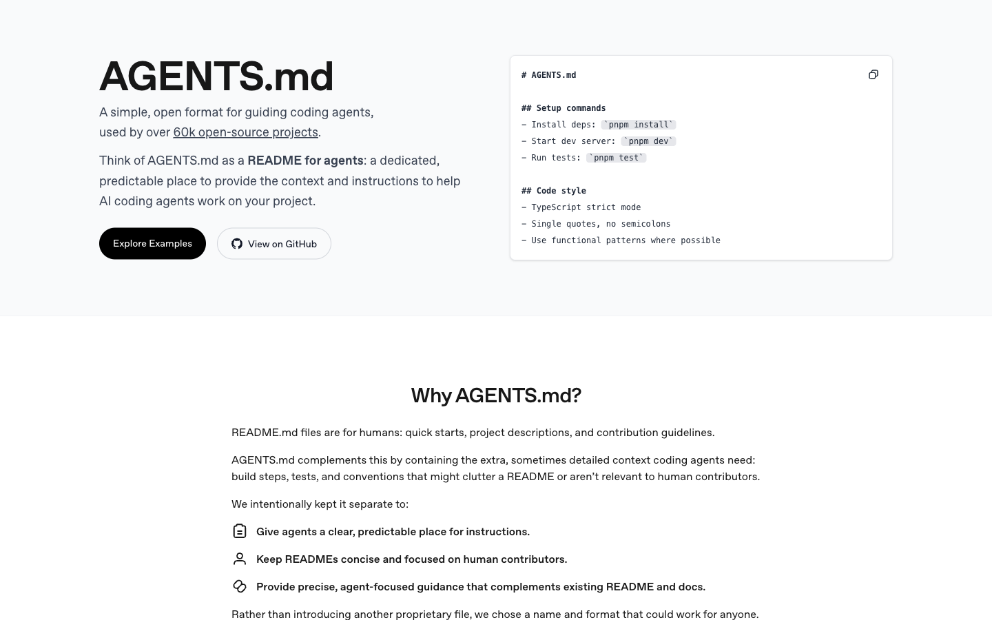 AGENTS.md 官网首页：一个开放标准，已被 6 万+ 开源项目使用
