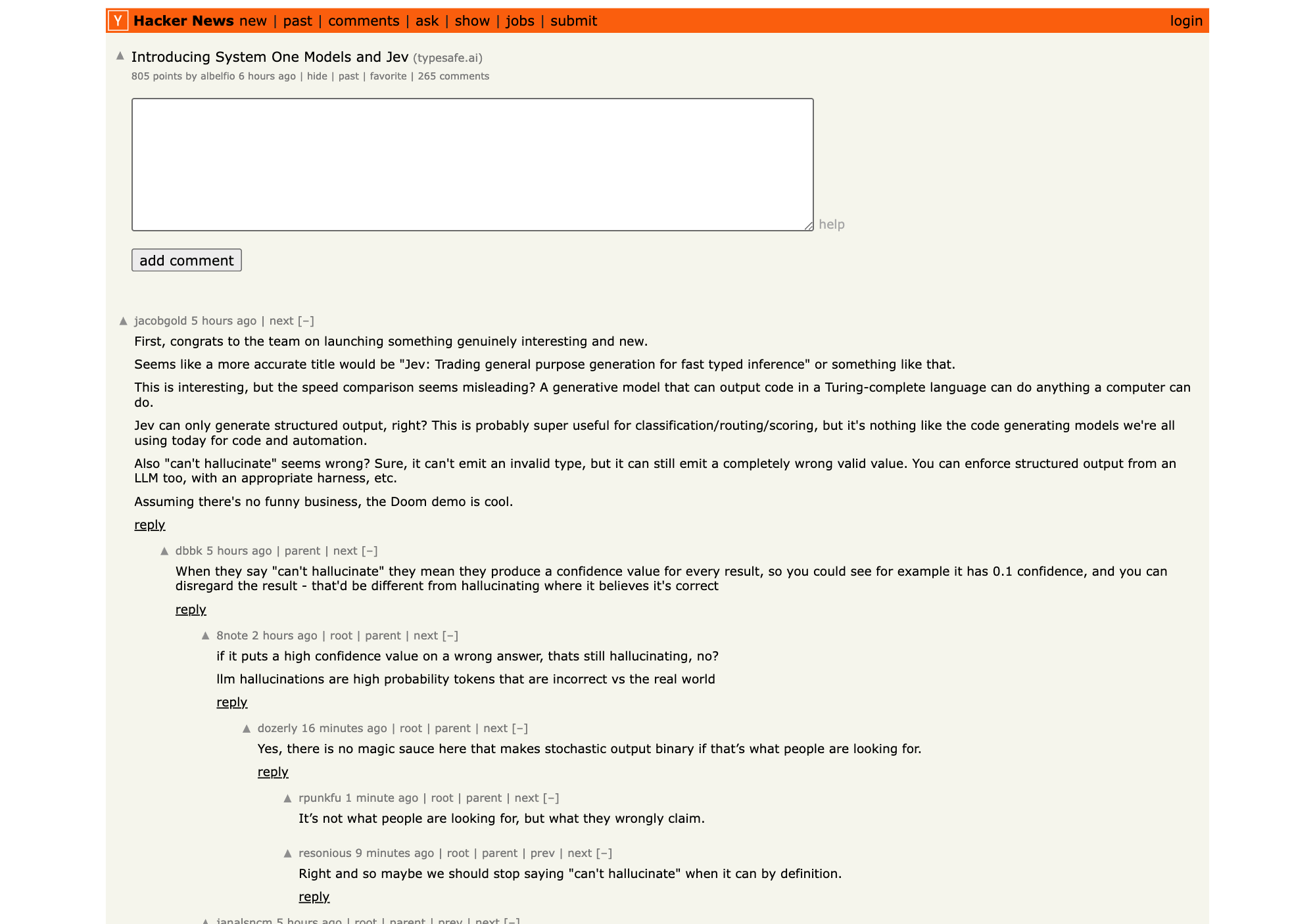 Hacker News 上 Introducing System One Models and Jev 讨论帖截图，705 分热度 240 余条评论