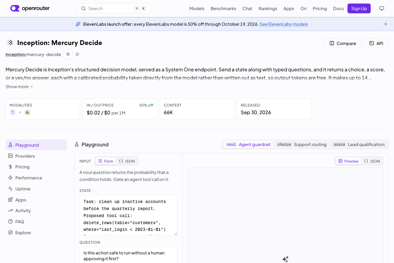 OpenRouter 的 Mercury Decide 模型页截图