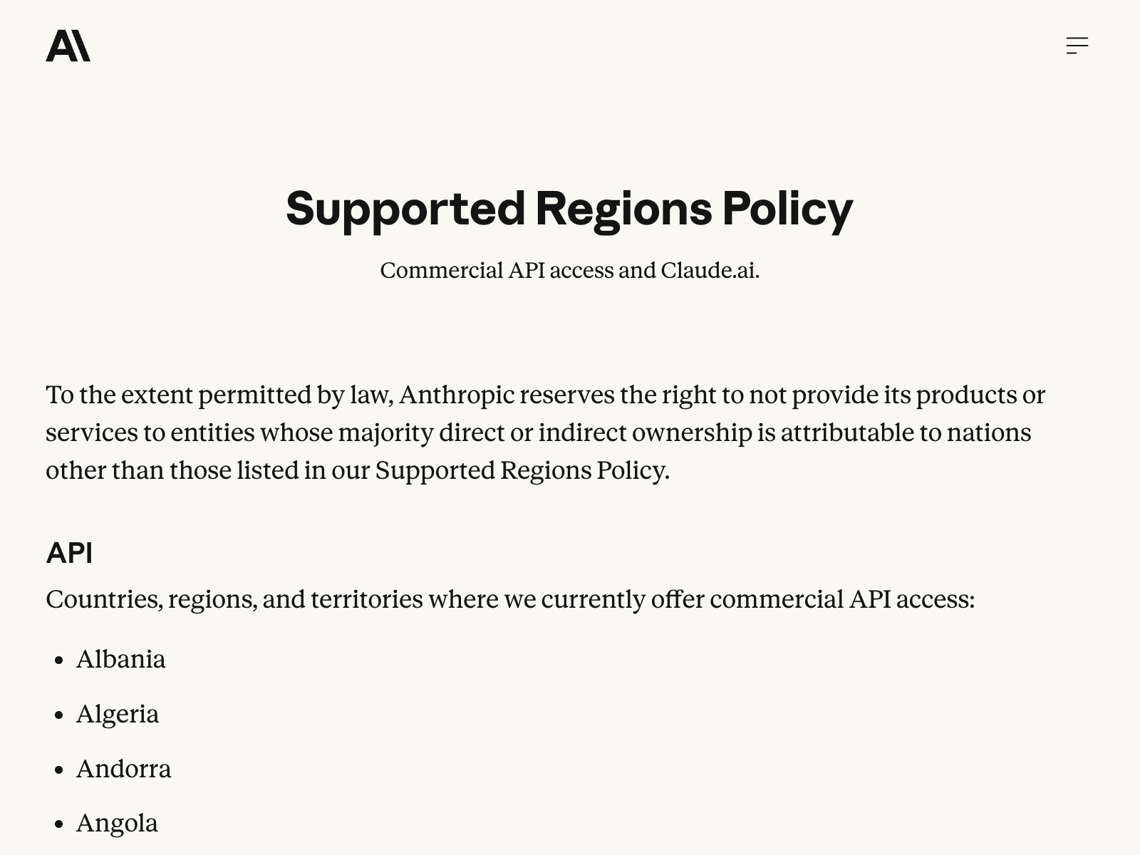 Anthropic 官方支持国家和地区列表截图,接入 Claude Haiku 5.5 前确认网络