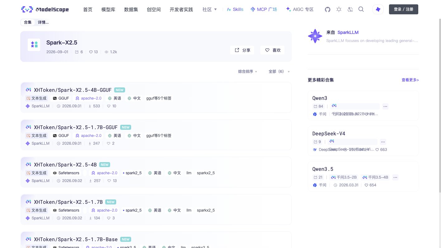 ModelScope魔搭社区的星火X2.5官方模型合集页面