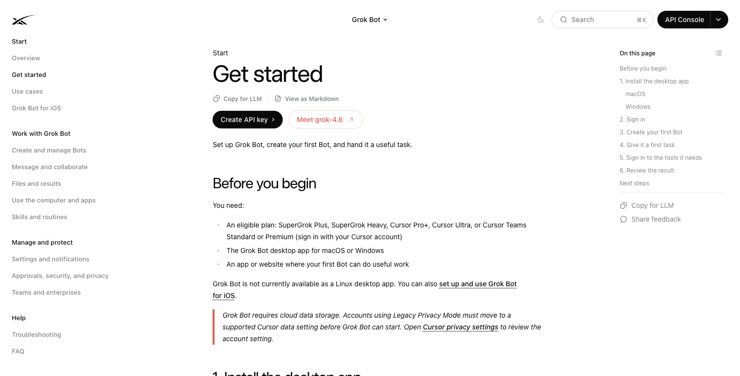 Grok Bot 官方文档 Get started 页面:安装、登录与创建第一个 Bot 的步骤说明