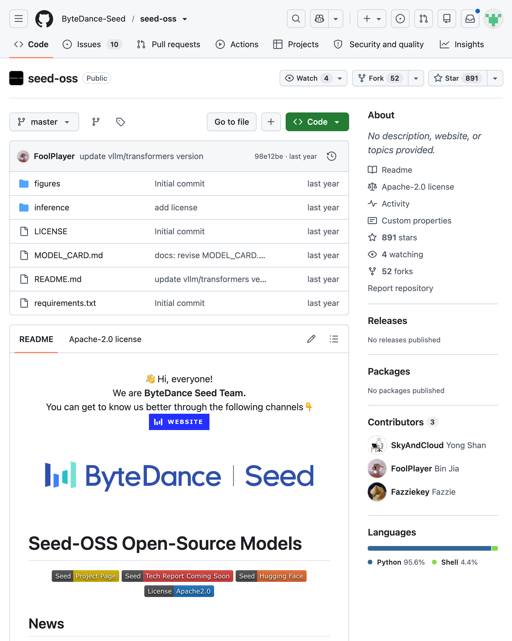 字节跳动 Seed-OSS 开源仓库 GitHub 页面截图