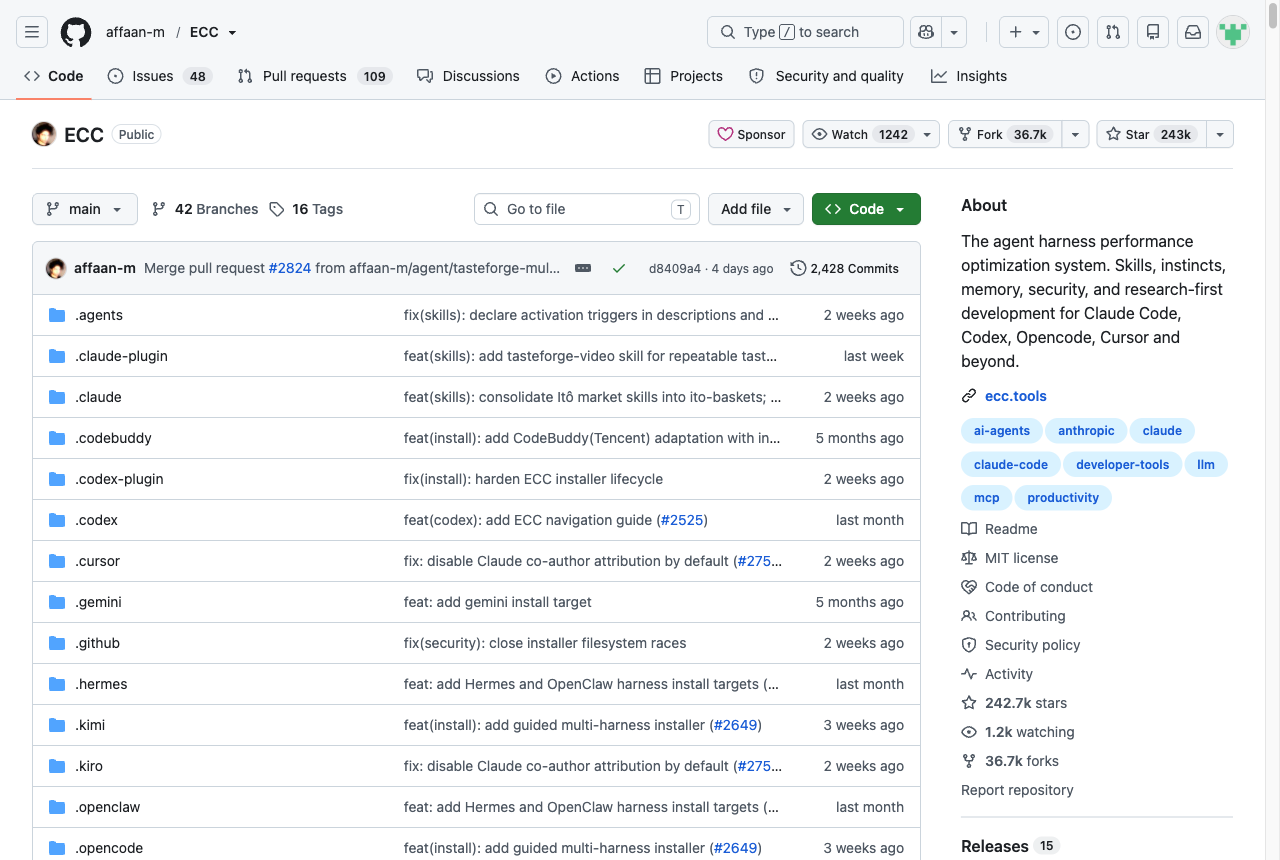 ECC GitHub 仓库首页:affaan-m/ECC,243k Star