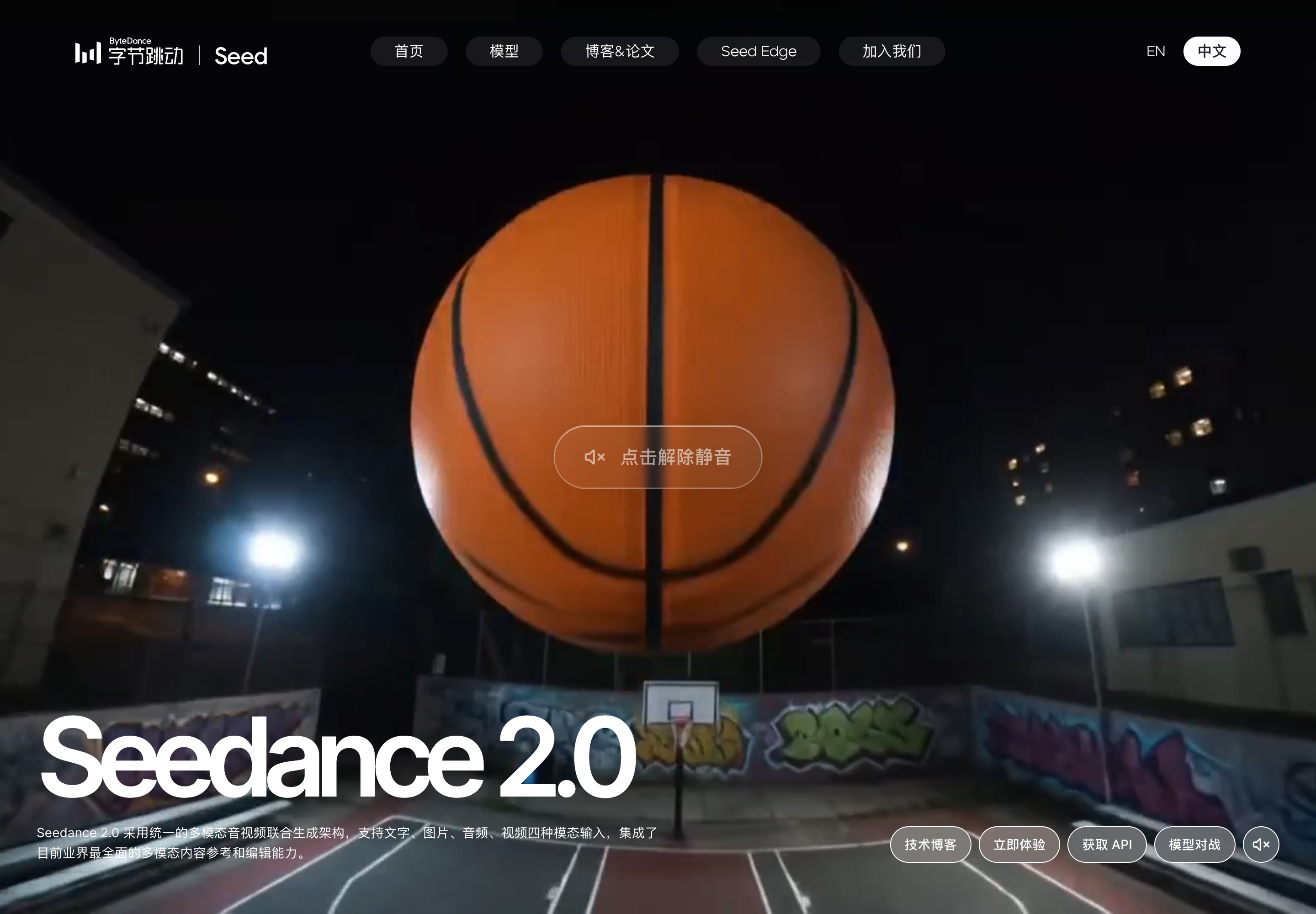字节跳动 Seed 官方 Seedance 2.0 模型页截图