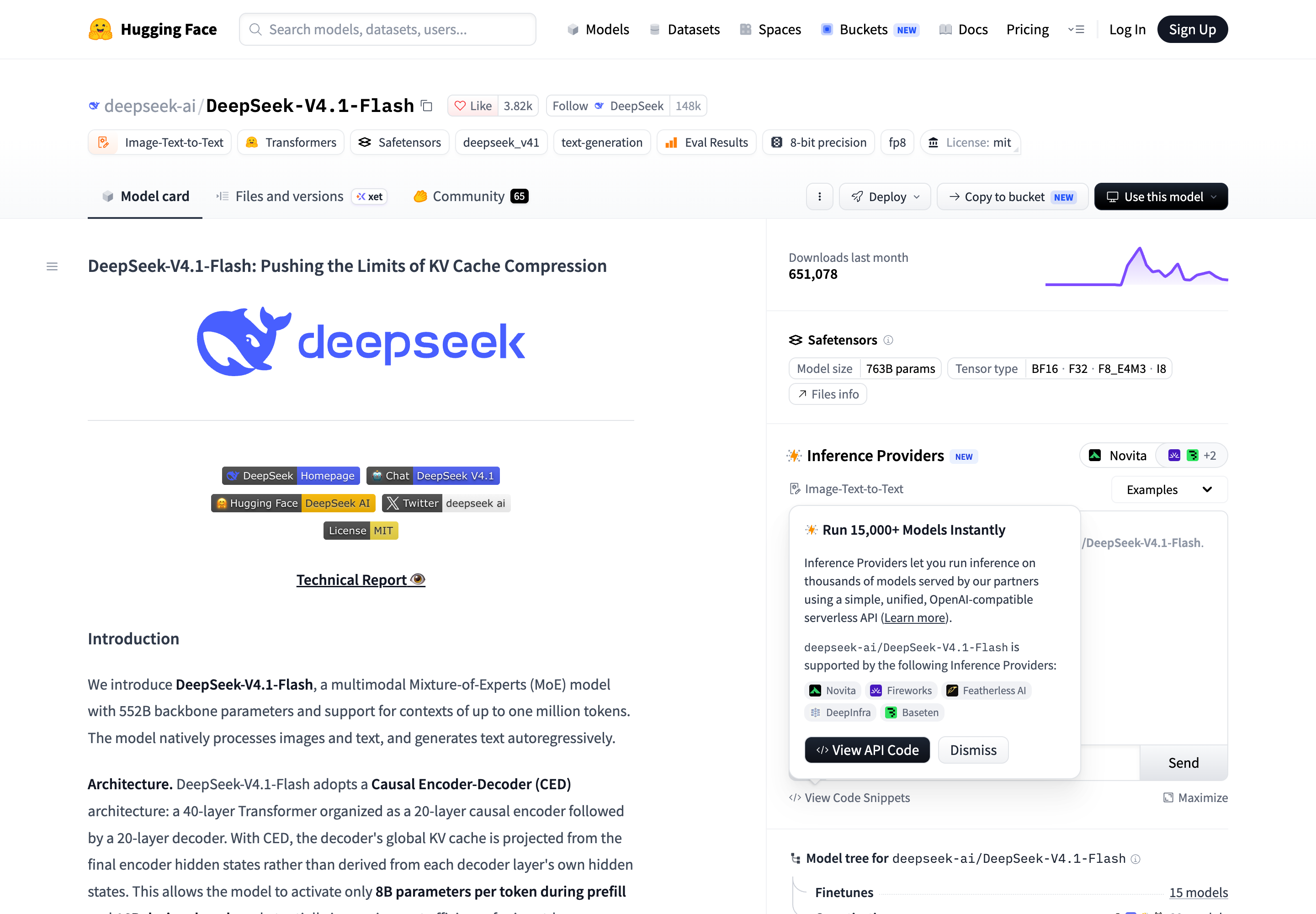 DeepSeek V4.1 Flash 在 HuggingFace 的开源仓库页面截图