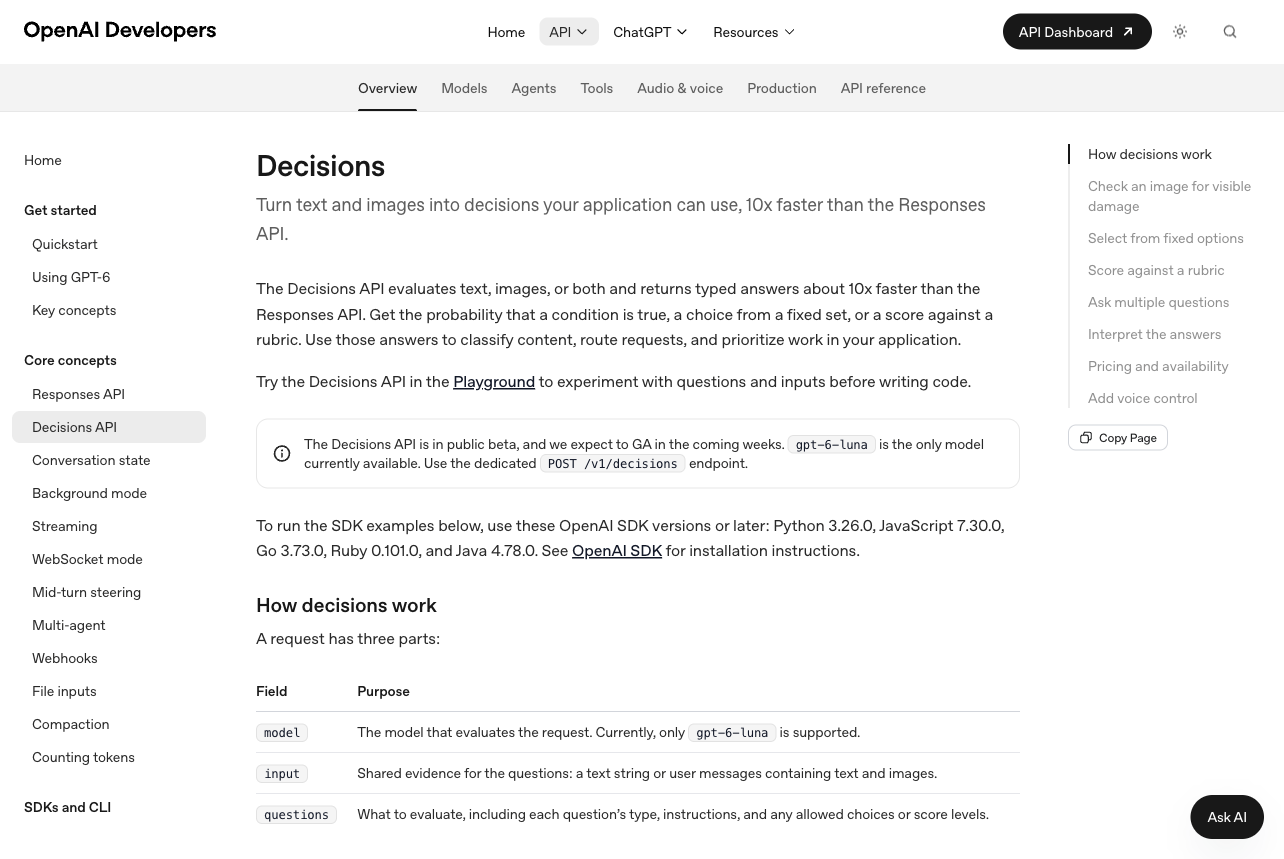 OpenAI Decisions API 官方文档截图,含 Decisions 指南入口