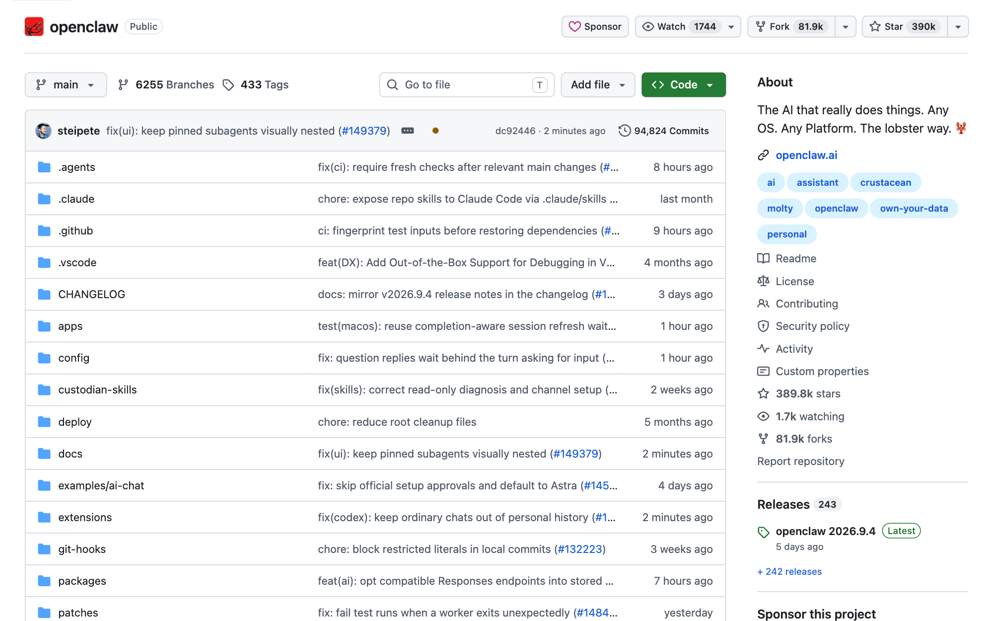 OpenClaw GitHub 仓库截图，展示约 39 万 star 与 MIT 协议